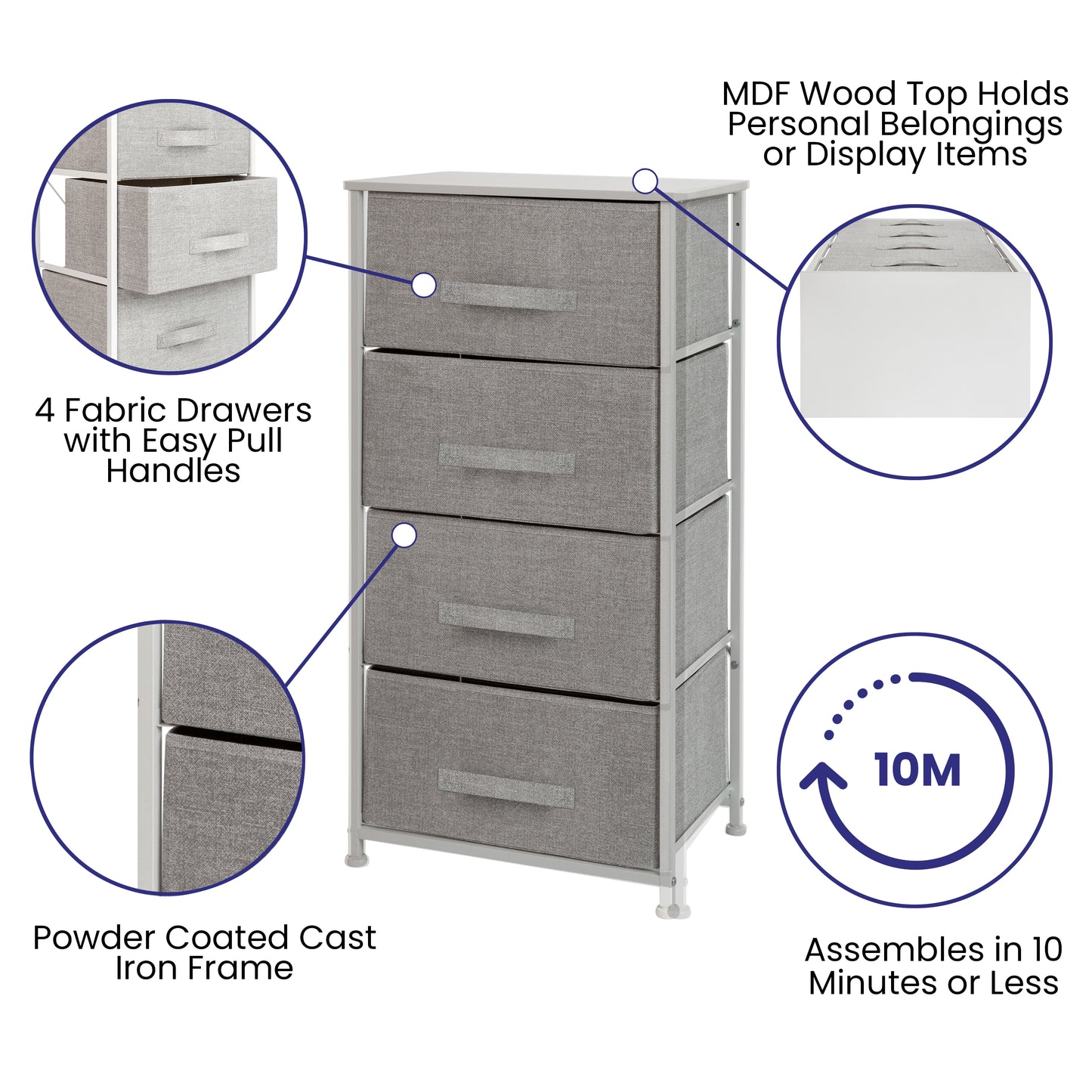 Harris 4 Drawer Wood Top White Cast Iron Frame Vertical Storage Dresser with Light Gray Easy Pull Fabric Drawers Gray Drawers/White Frame