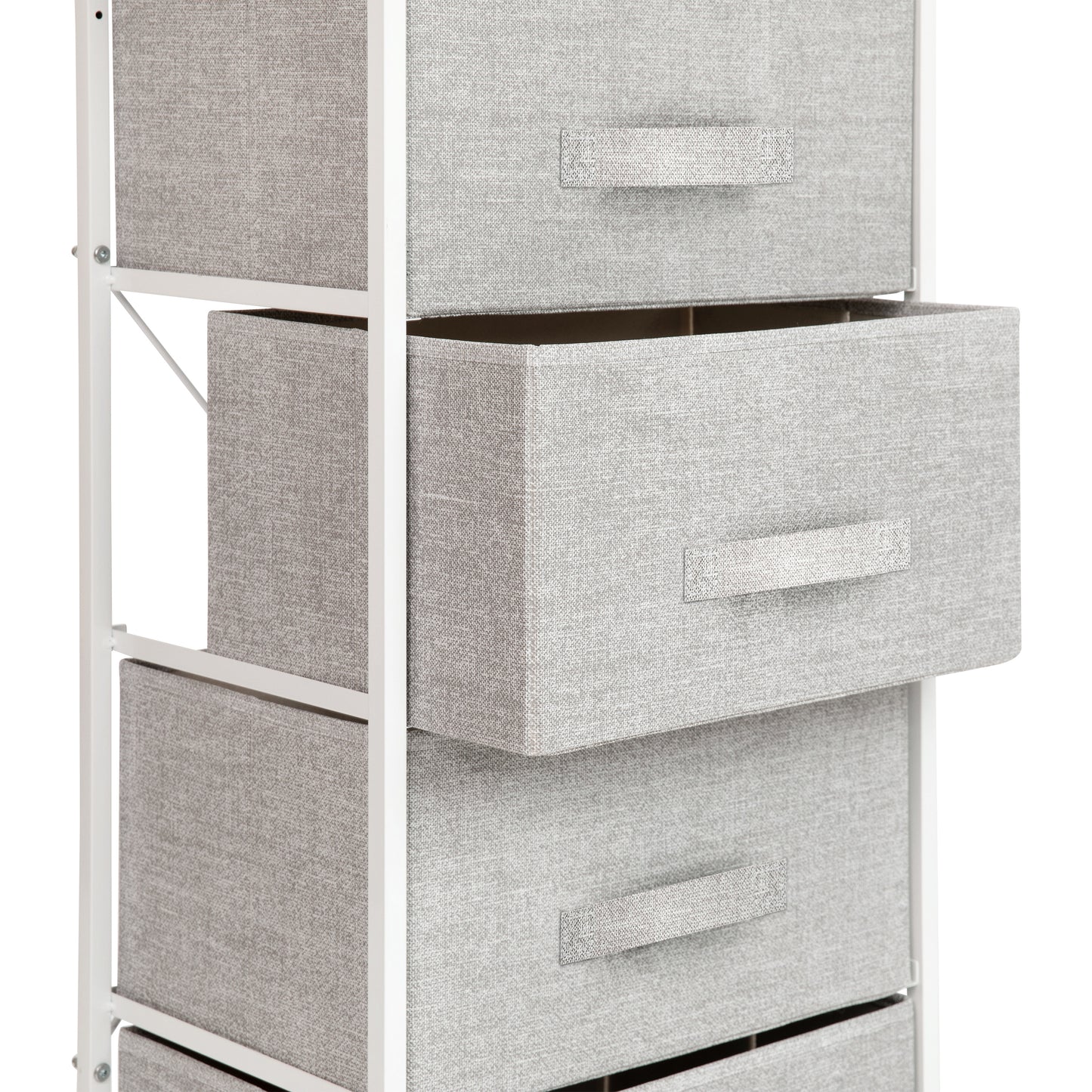 Harris 4 Drawer Wood Top White Cast Iron Frame Vertical Storage Dresser with Light Gray Easy Pull Fabric Drawers Gray Drawers/White Frame