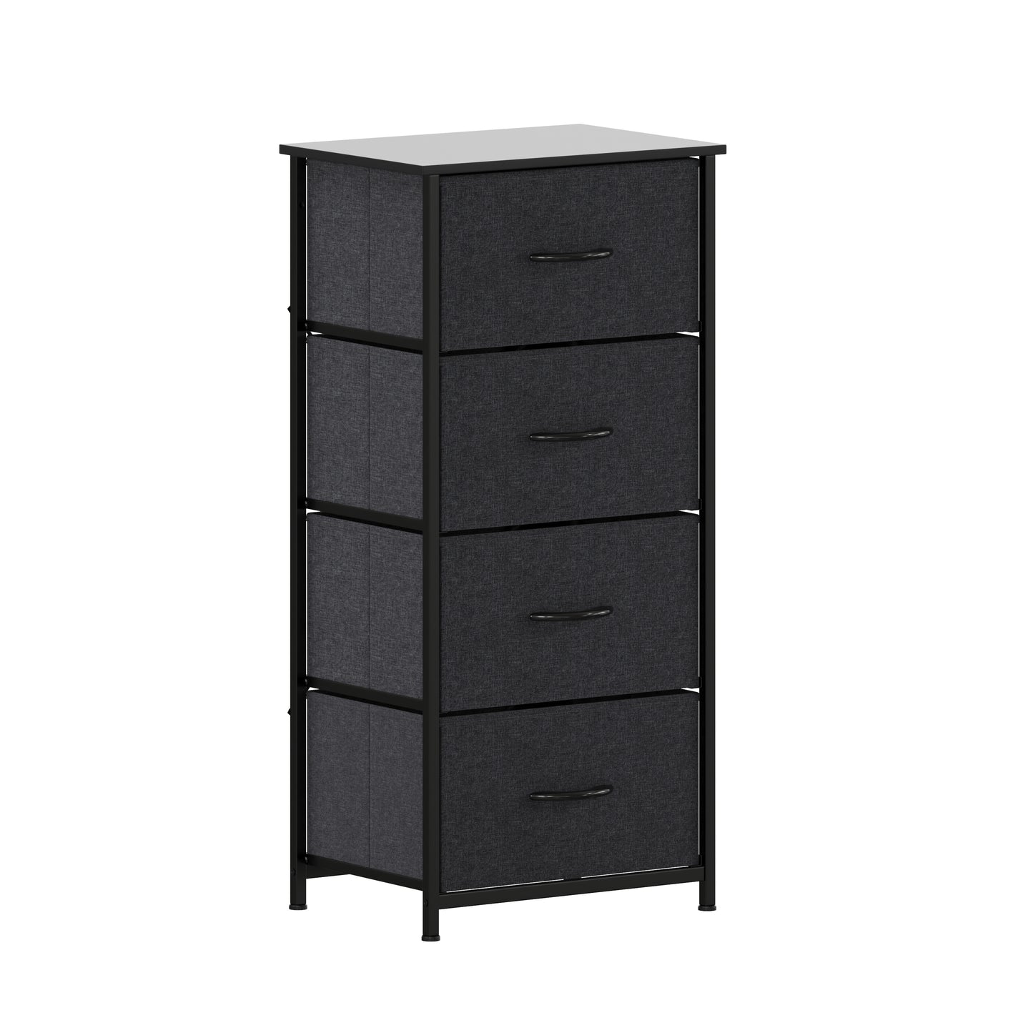 Harris 4 Drawer Vertical Storage Dresser with Black Cast Iron Frame and Wood Top and Black Easy Pull Fabric Drawers with Wooden Handles Black Drawers/Black Frame