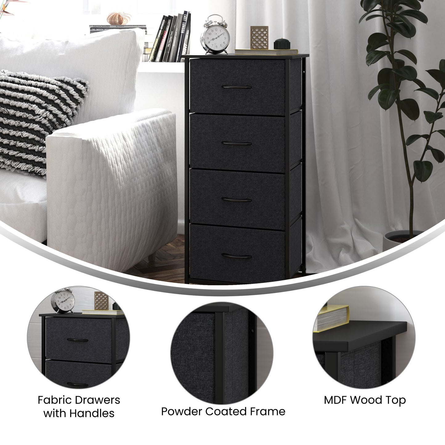 Harris 4 Drawer Vertical Storage Dresser with Black Cast Iron Frame and Wood Top and Black Easy Pull Fabric Drawers with Wooden Handles Black Drawers/Black Frame