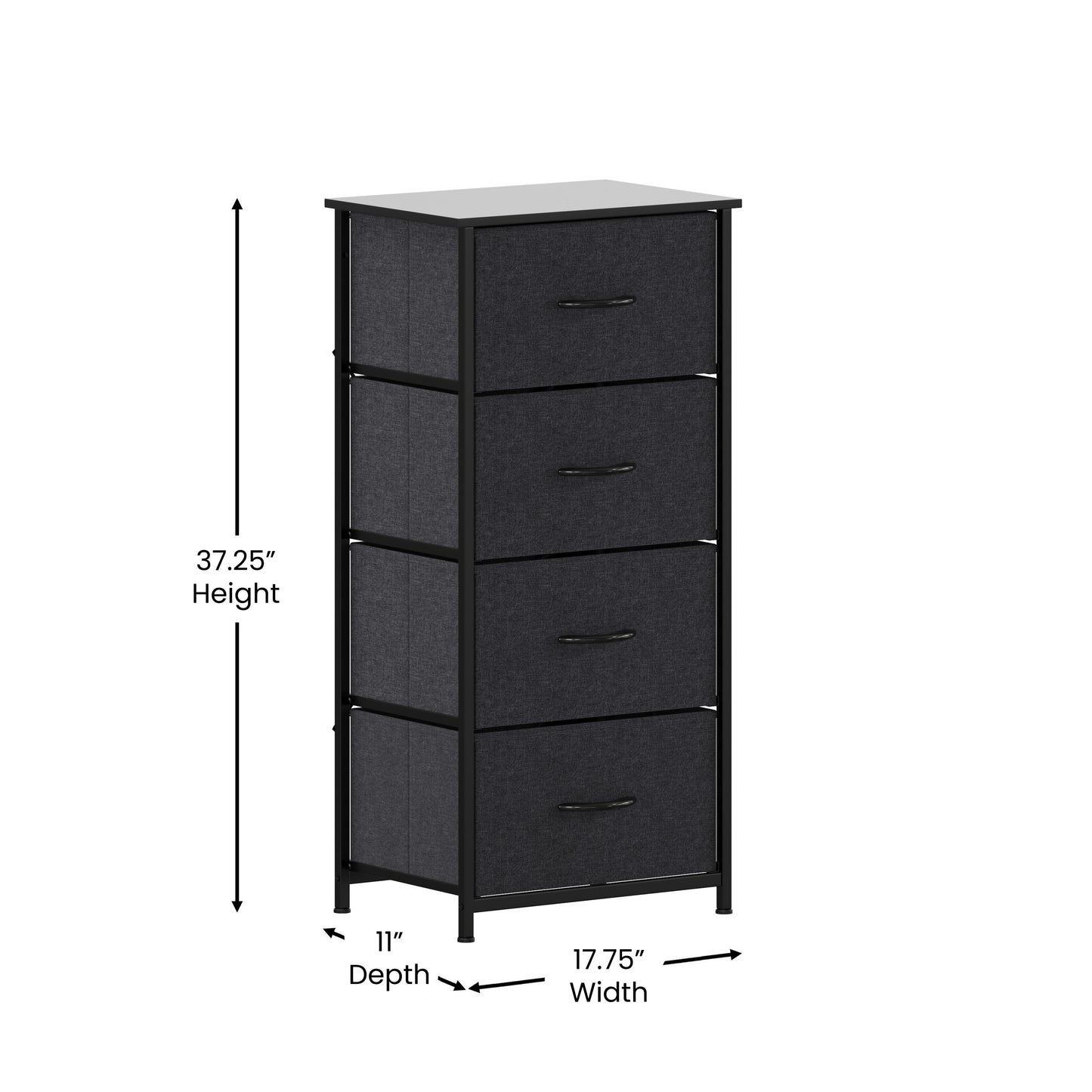 Harris 4 Drawer Vertical Storage Dresser with Black Cast Iron Frame and Wood Top and Black Easy Pull Fabric Drawers with Wooden Handles Black Drawers/Black Frame