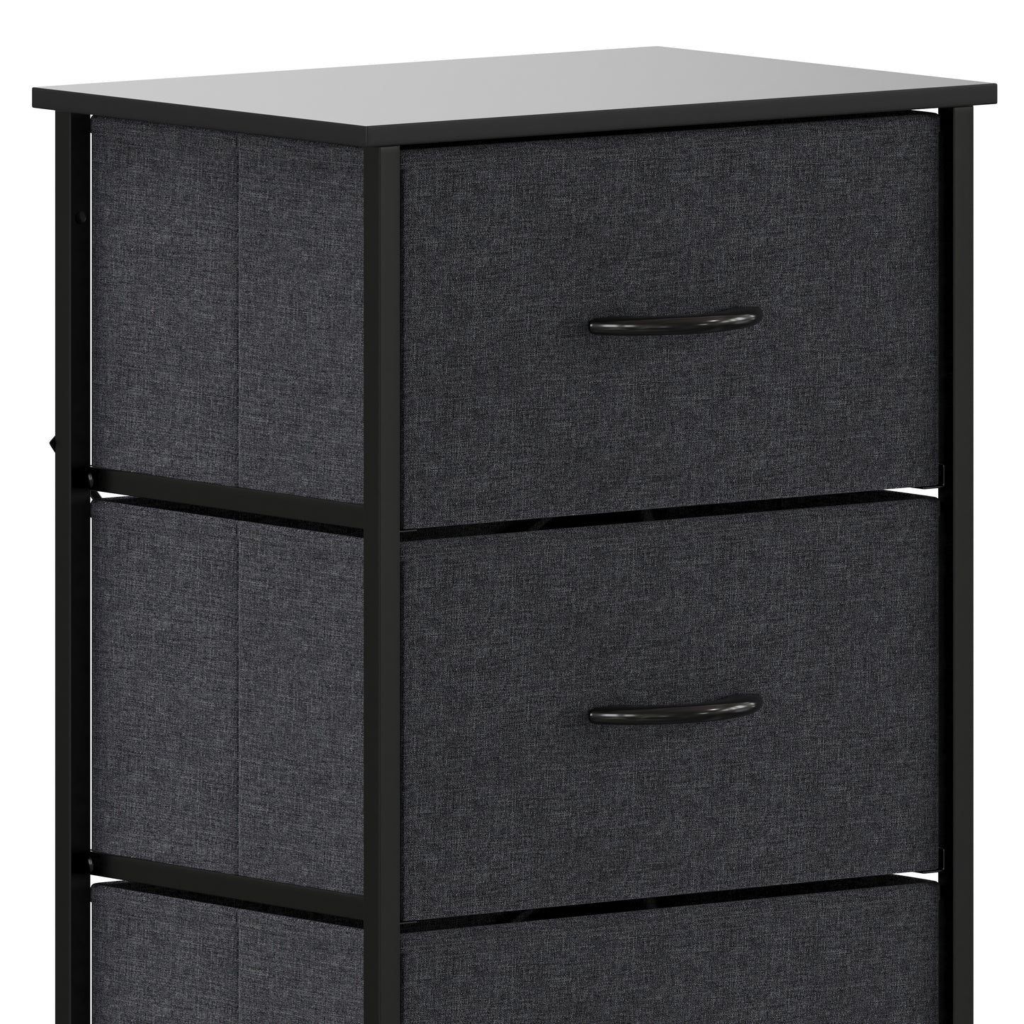 Harris 4 Drawer Vertical Storage Dresser with Black Cast Iron Frame and Wood Top and Black Easy Pull Fabric Drawers with Wooden Handles Black Drawers/Black Frame