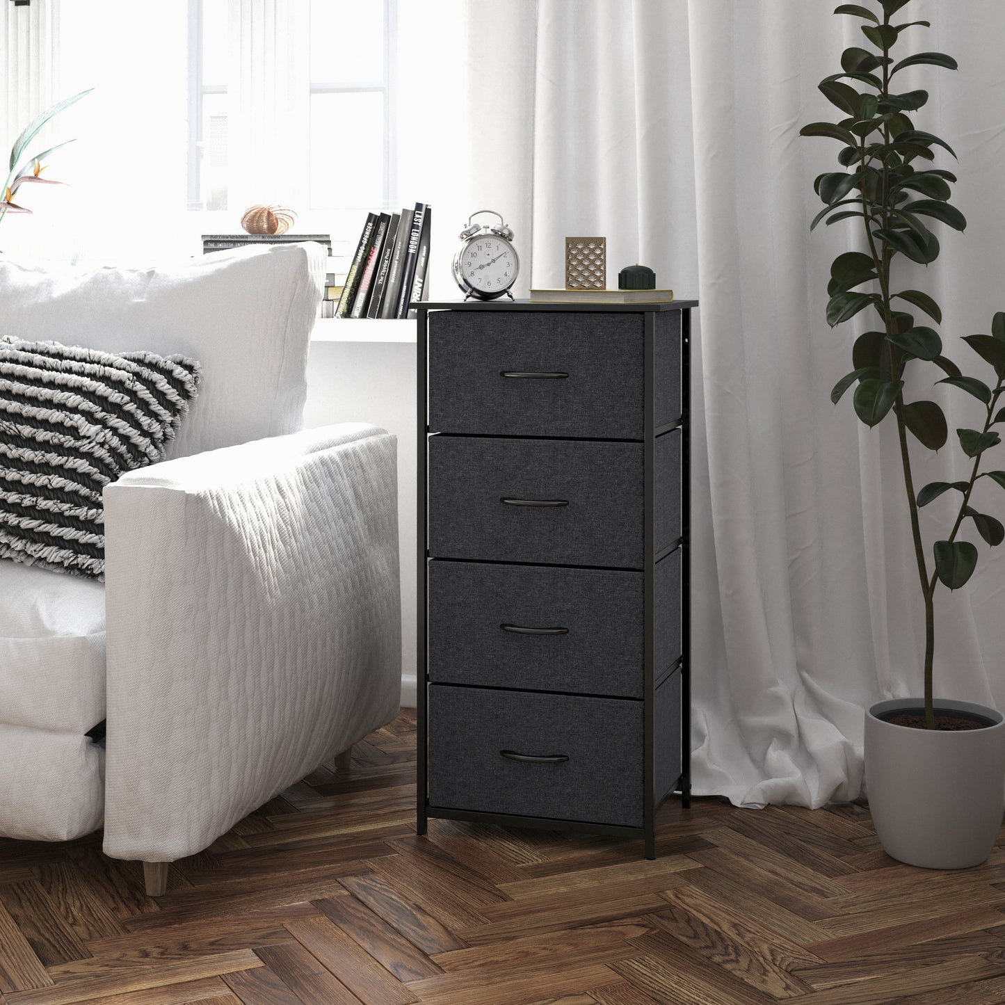 Harris 4 Drawer Vertical Storage Dresser with Black Cast Iron Frame and Wood Top and Black Easy Pull Fabric Drawers with Wooden Handles Black Drawers/Black Frame