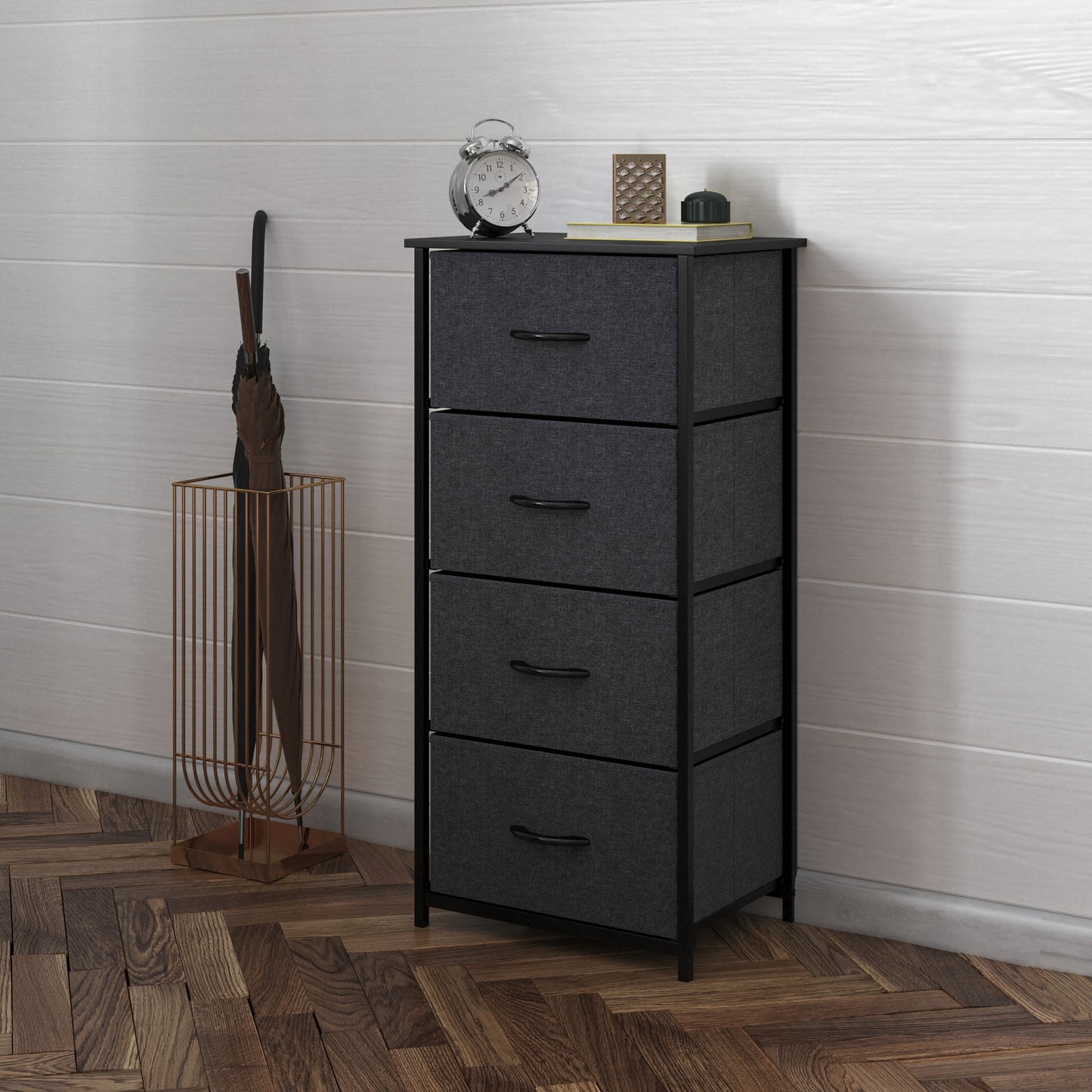 Harris 4 Drawer Vertical Storage Dresser with Black Cast Iron Frame and Wood Top and Black Easy Pull Fabric Drawers with Wooden Handles Black Drawers/Black Frame
