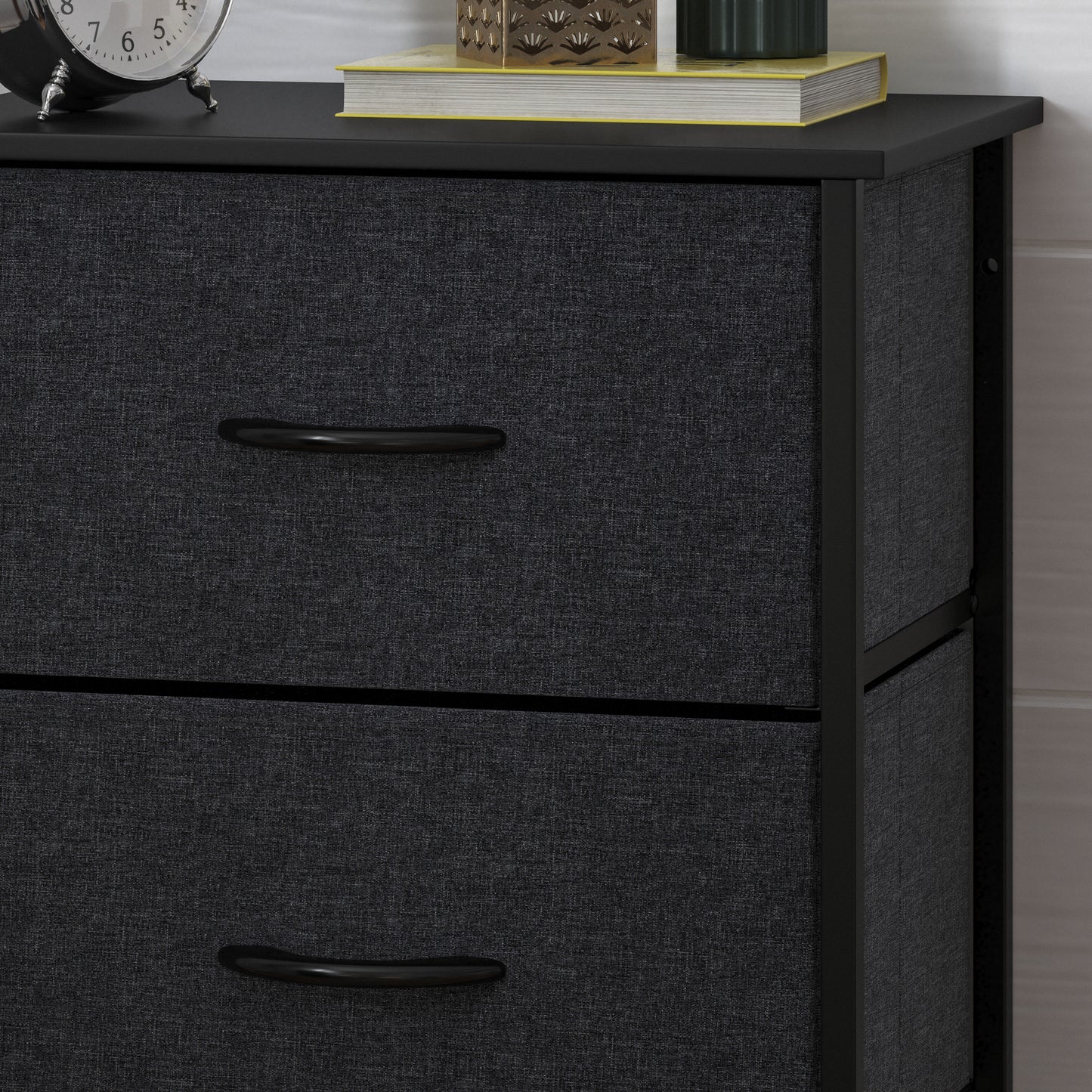 Harris 4 Drawer Vertical Storage Dresser with Black Cast Iron Frame and Wood Top and Black Easy Pull Fabric Drawers with Wooden Handles Black Drawers/Black Frame