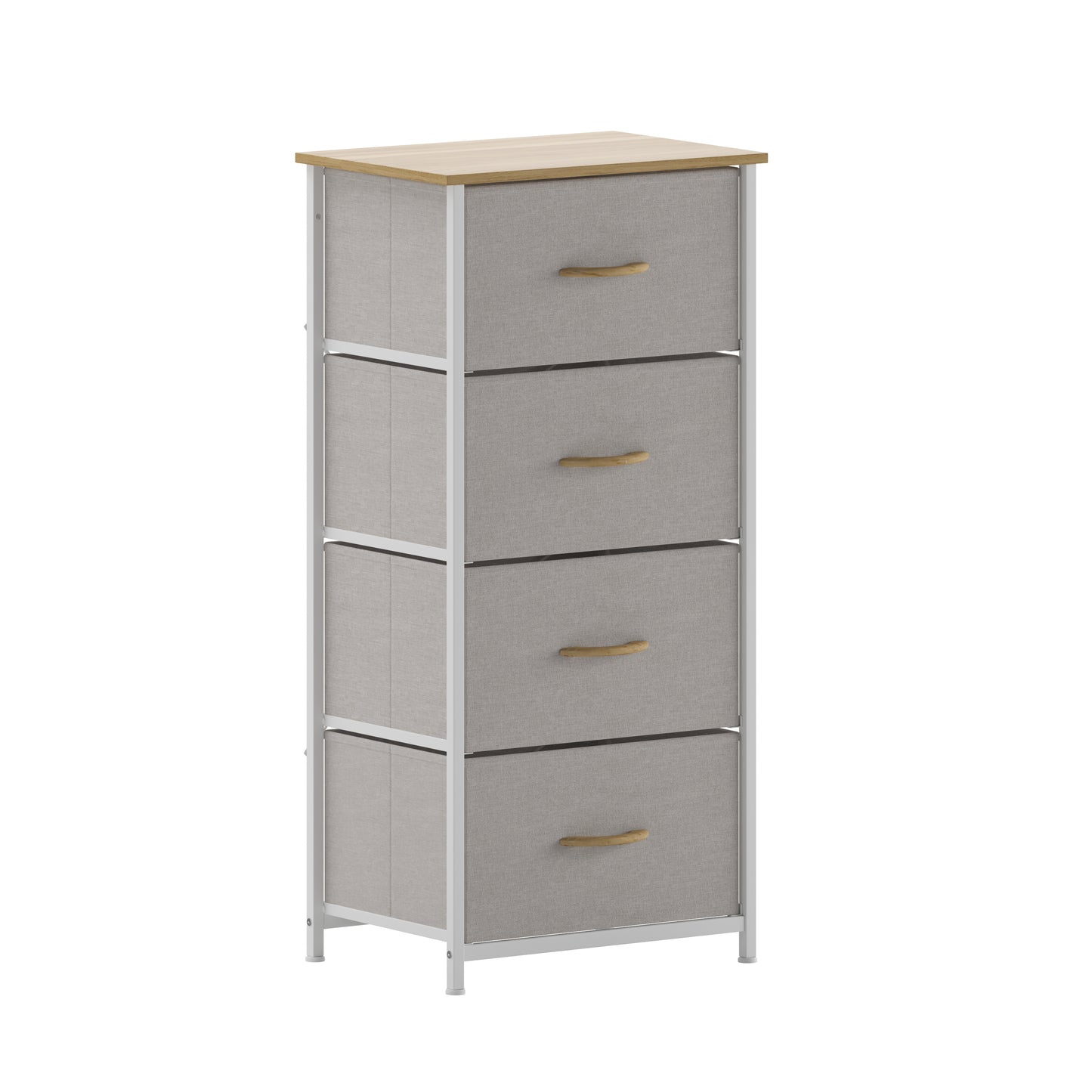 Harris 4 Drawer Vertical Storage Dresser with White Cast Iron Frame, Oak Wood Top and Beige Easy Pull Fabric Drawers with Natural Wooden Handles Beige Drawers/White Frame