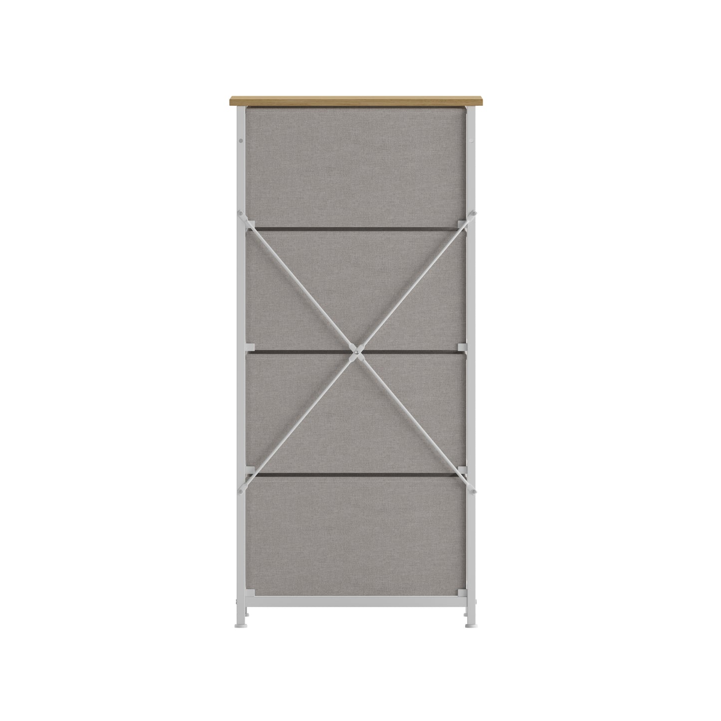 Harris 4 Drawer Vertical Storage Dresser with White Cast Iron Frame, Oak Wood Top and Beige Easy Pull Fabric Drawers with Natural Wooden Handles Beige Drawers/White Frame