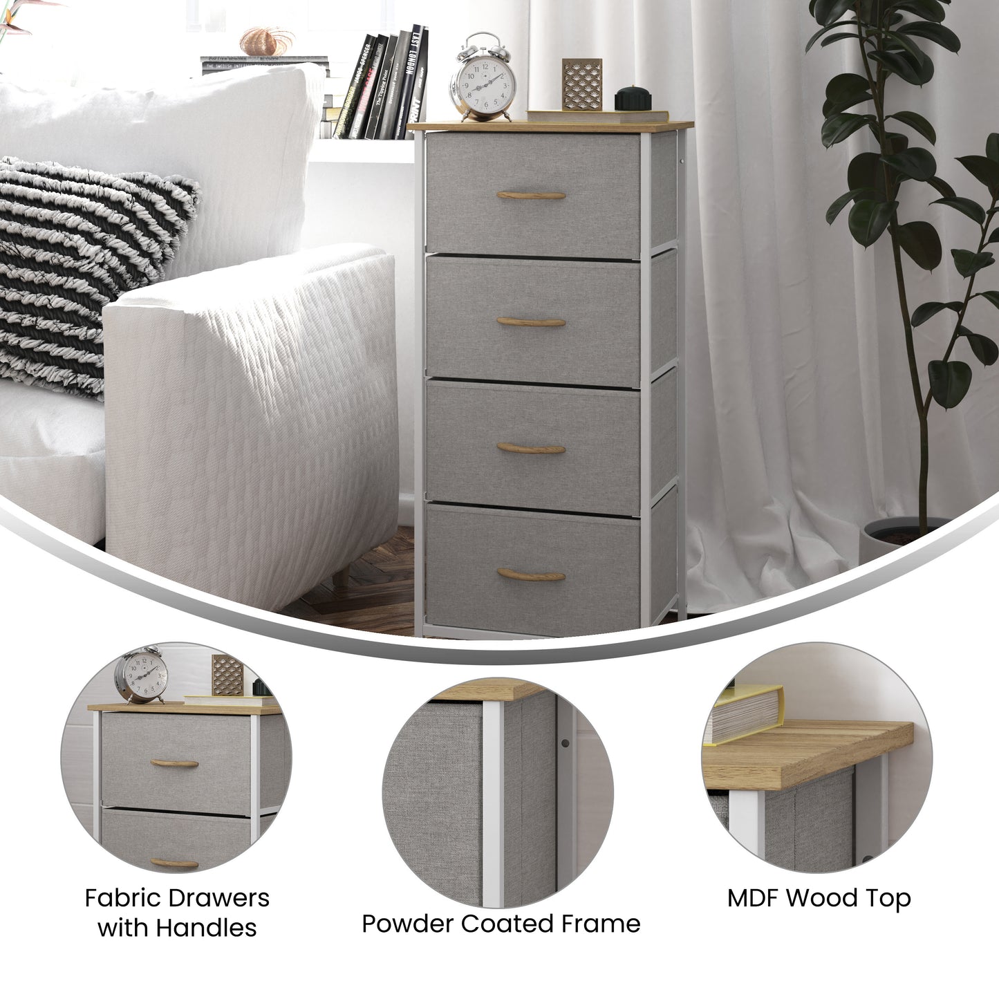 Harris 4 Drawer Vertical Storage Dresser with White Cast Iron Frame, Oak Wood Top and Beige Easy Pull Fabric Drawers with Natural Wooden Handles Beige Drawers/White Frame