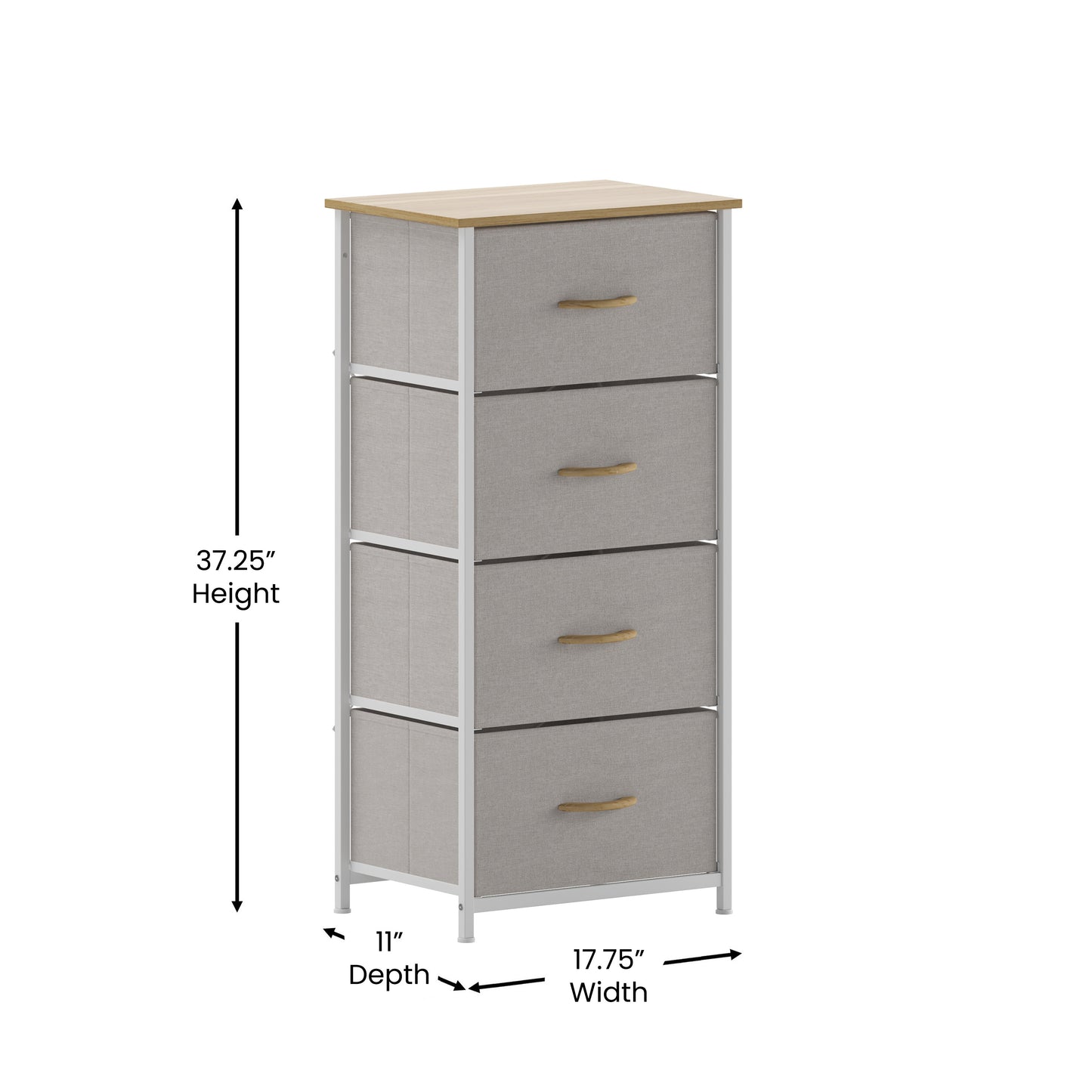 Harris 4 Drawer Vertical Storage Dresser with White Cast Iron Frame, Oak Wood Top and Beige Easy Pull Fabric Drawers with Natural Wooden Handles Beige Drawers/White Frame
