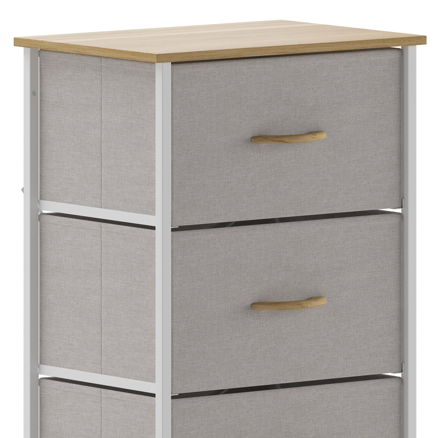 Harris 4 Drawer Vertical Storage Dresser with White Cast Iron Frame, Oak Wood Top and Beige Easy Pull Fabric Drawers with Natural Wooden Handles Beige Drawers/White Frame
