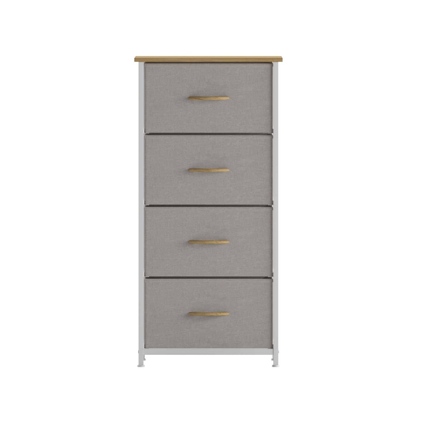 Harris 4 Drawer Vertical Storage Dresser with White Cast Iron Frame, Oak Wood Top and Beige Easy Pull Fabric Drawers with Natural Wooden Handles Beige Drawers/White Frame