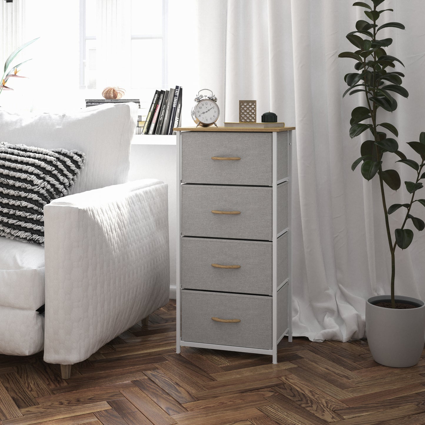 Harris 4 Drawer Vertical Storage Dresser with White Cast Iron Frame, Oak Wood Top and Beige Easy Pull Fabric Drawers with Natural Wooden Handles Beige Drawers/White Frame