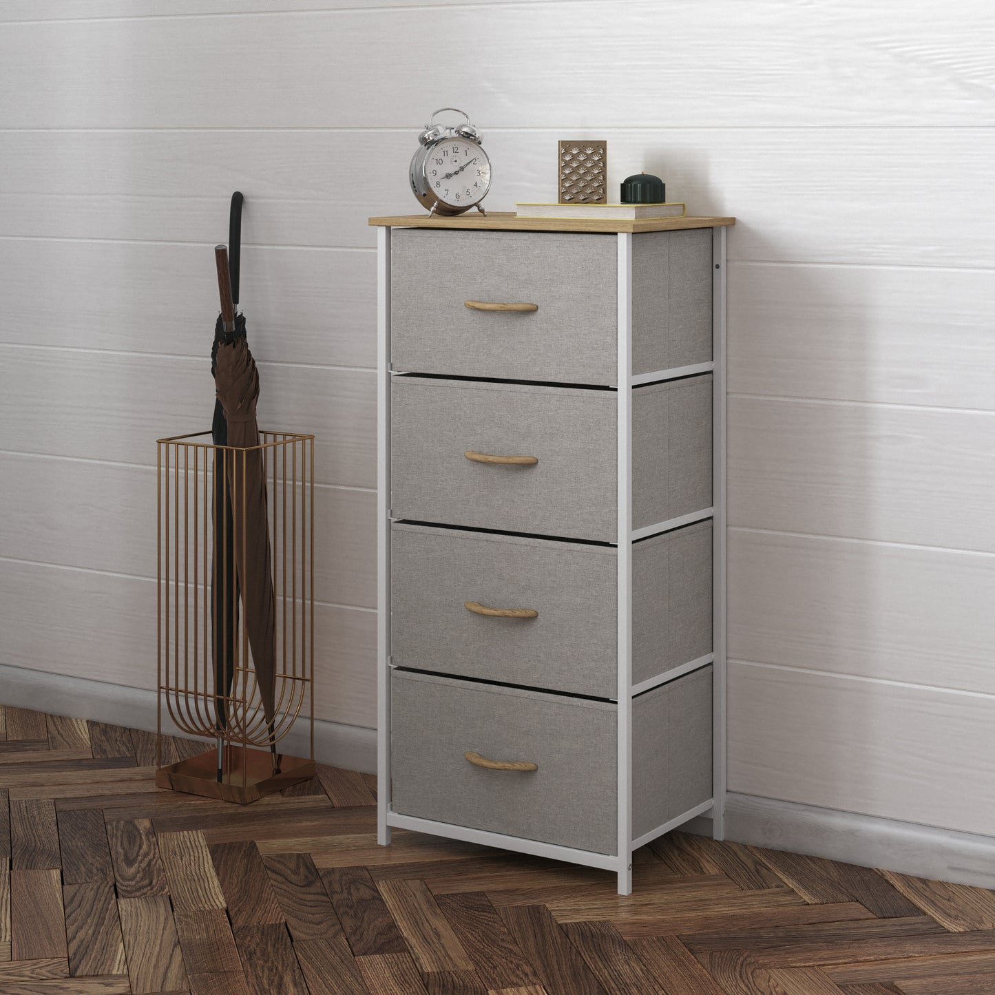 Harris 4 Drawer Vertical Storage Dresser with White Cast Iron Frame, Oak Wood Top and Beige Easy Pull Fabric Drawers with Natural Wooden Handles Beige Drawers/White Frame