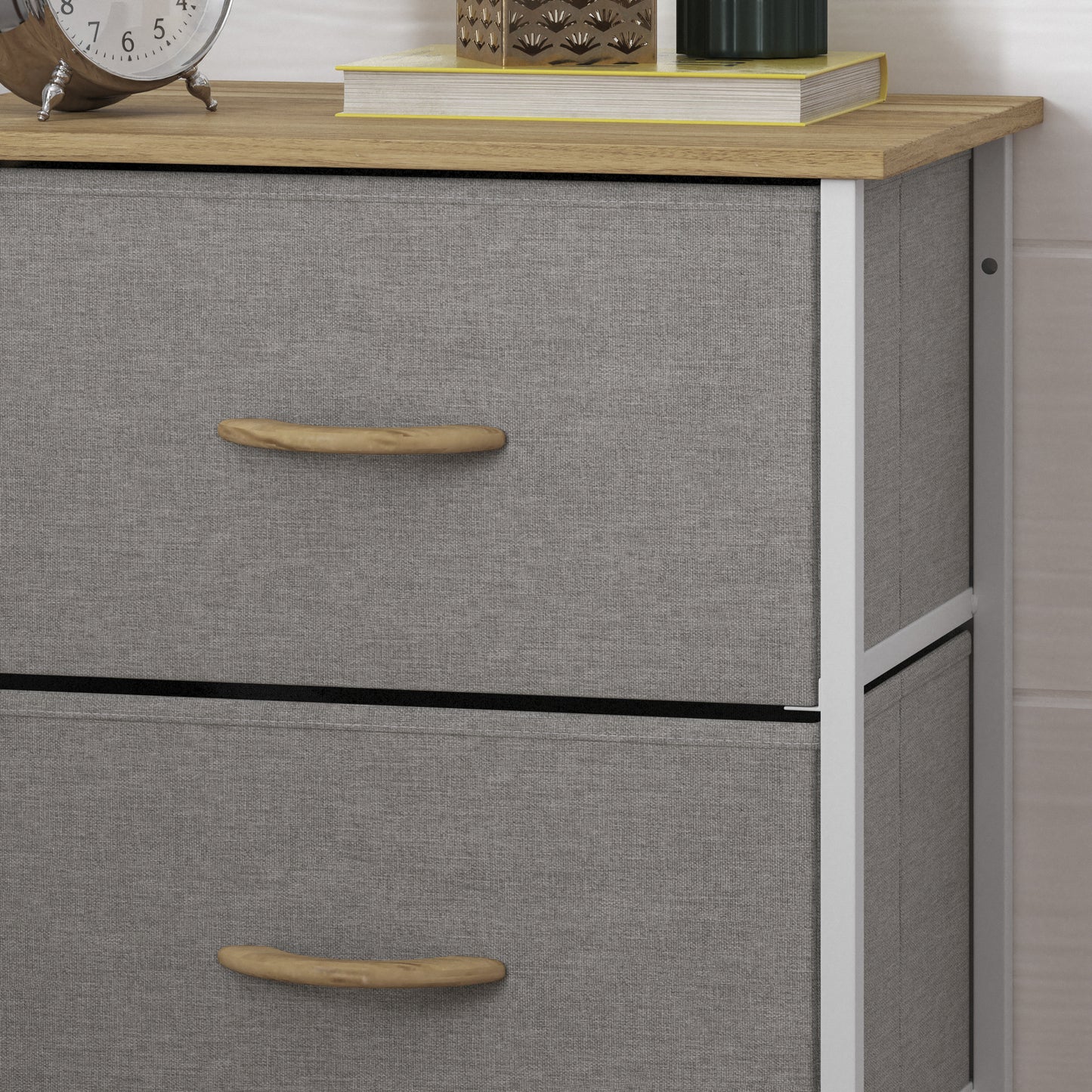 Harris 4 Drawer Vertical Storage Dresser with White Cast Iron Frame, Oak Wood Top and Beige Easy Pull Fabric Drawers with Natural Wooden Handles Beige Drawers/White Frame