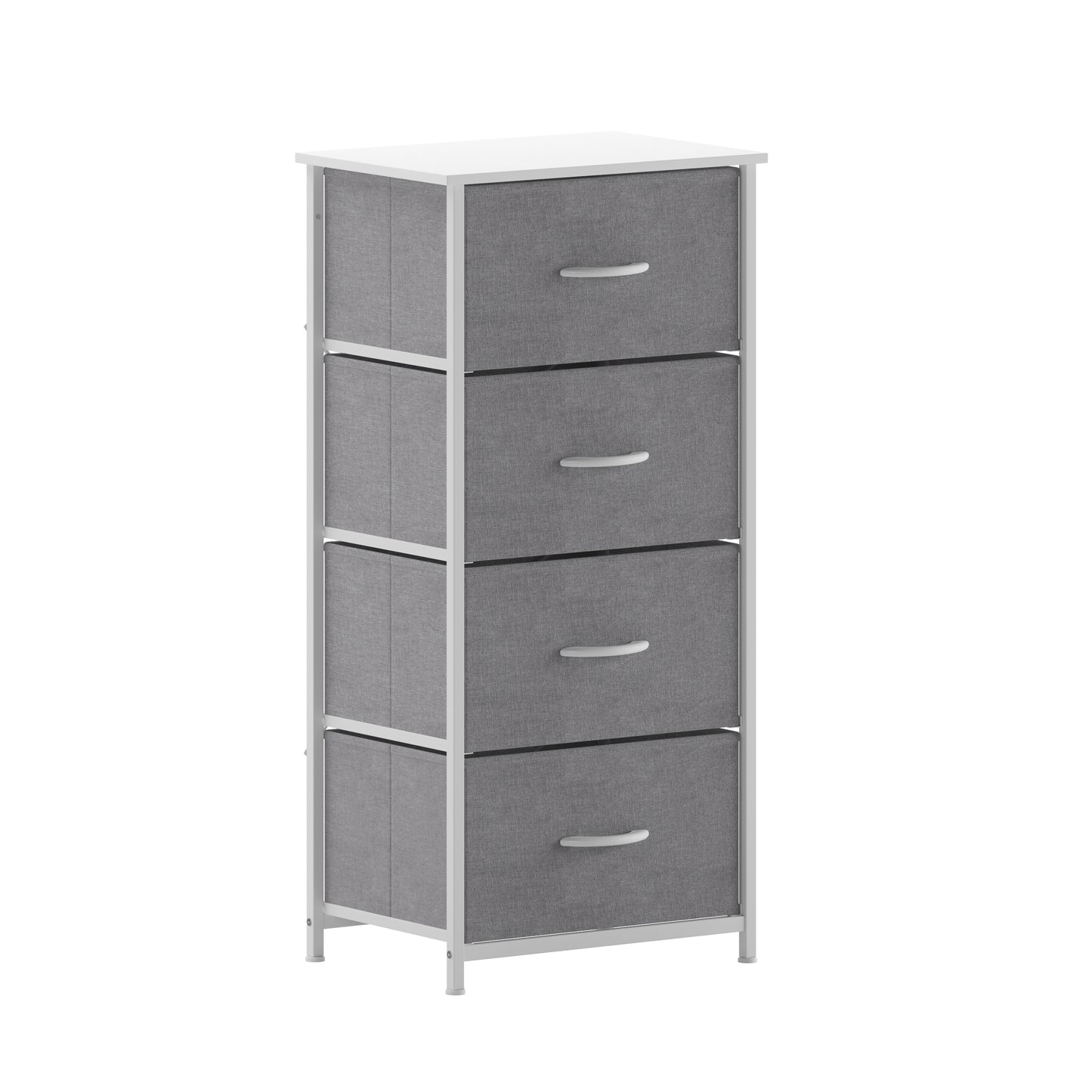 Harris 4 Drawer Vertical Storage Dresser with White Cast Iron Frame, White Wood Top and Gray Easy Pull Fabric Drawers with White Wooden Handles Gray Drawers/White Frame