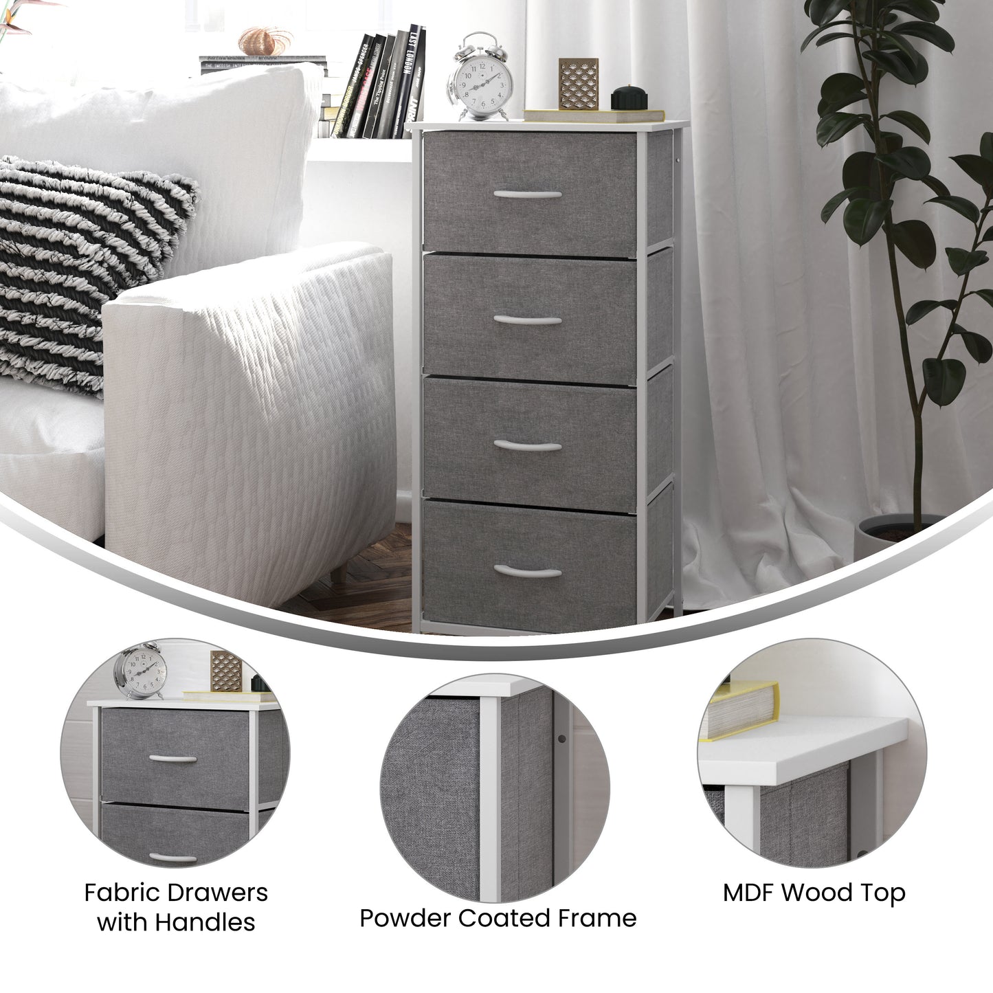 Harris 4 Drawer Vertical Storage Dresser with White Cast Iron Frame, White Wood Top and Gray Easy Pull Fabric Drawers with White Wooden Handles Gray Drawers/White Frame