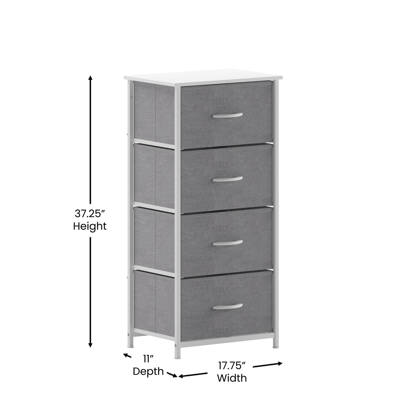 Harris 4 Drawer Vertical Storage Dresser with White Cast Iron Frame, White Wood Top and Gray Easy Pull Fabric Drawers with White Wooden Handles Gray Drawers/White Frame