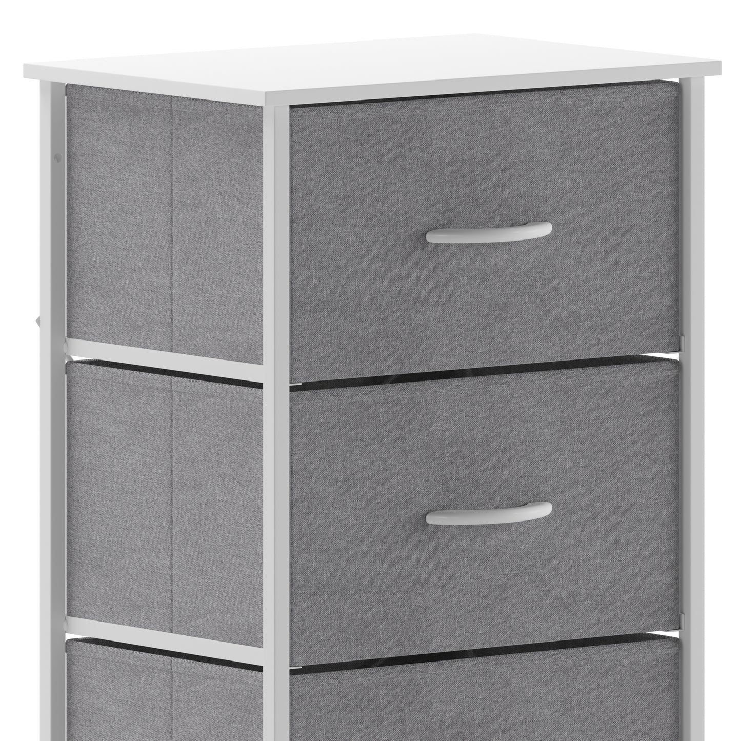 Harris 4 Drawer Vertical Storage Dresser with White Cast Iron Frame, White Wood Top and Gray Easy Pull Fabric Drawers with White Wooden Handles Gray Drawers/White Frame