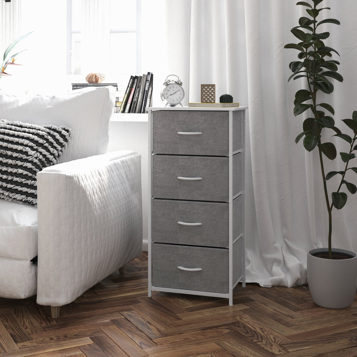 Harris 4 Drawer Vertical Storage Dresser with White Cast Iron Frame, White Wood Top and Gray Easy Pull Fabric Drawers with White Wooden Handles Gray Drawers/White Frame