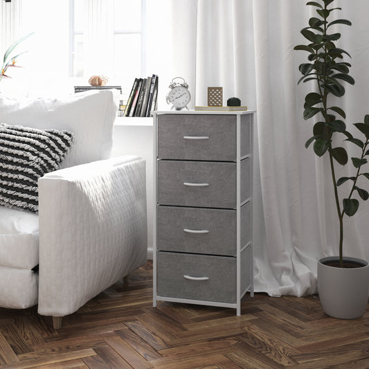 Harris 4 Drawer Vertical Storage Dresser with White Cast Iron Frame, White Wood Top and Gray Easy Pull Fabric Drawers with White Wooden Handles Gray Drawers/White Frame