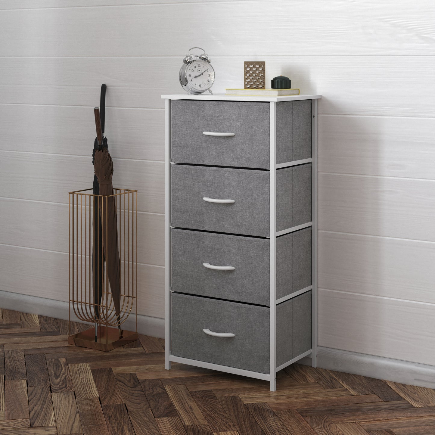 Harris 4 Drawer Vertical Storage Dresser with White Cast Iron Frame, White Wood Top and Gray Easy Pull Fabric Drawers with White Wooden Handles Gray Drawers/White Frame