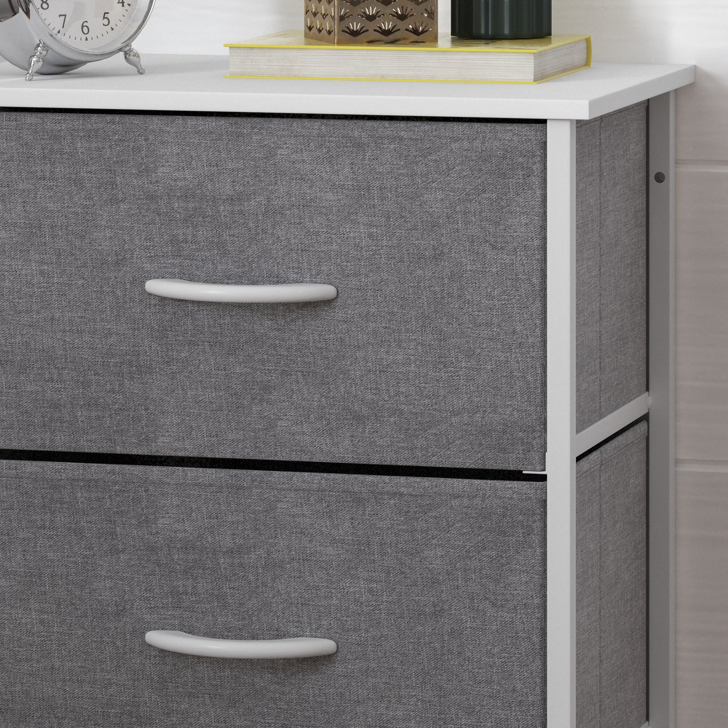 Harris 4 Drawer Vertical Storage Dresser with White Cast Iron Frame, White Wood Top and Gray Easy Pull Fabric Drawers with White Wooden Handles Gray Drawers/White Frame