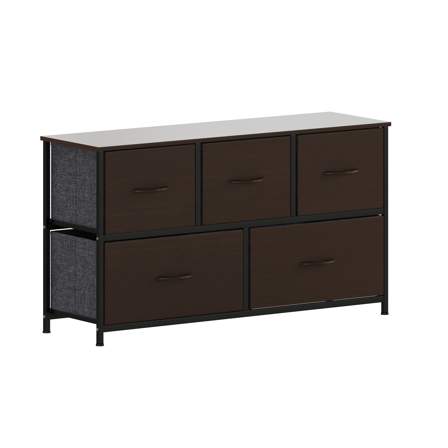 Harris 5 Drawer Storage Dresser with Black Cast Iron Frame, Brown Wood Top and Brown Easy Pull Engineered Wood Drawers with Wooden Handles Brown Drawers/Black Frame