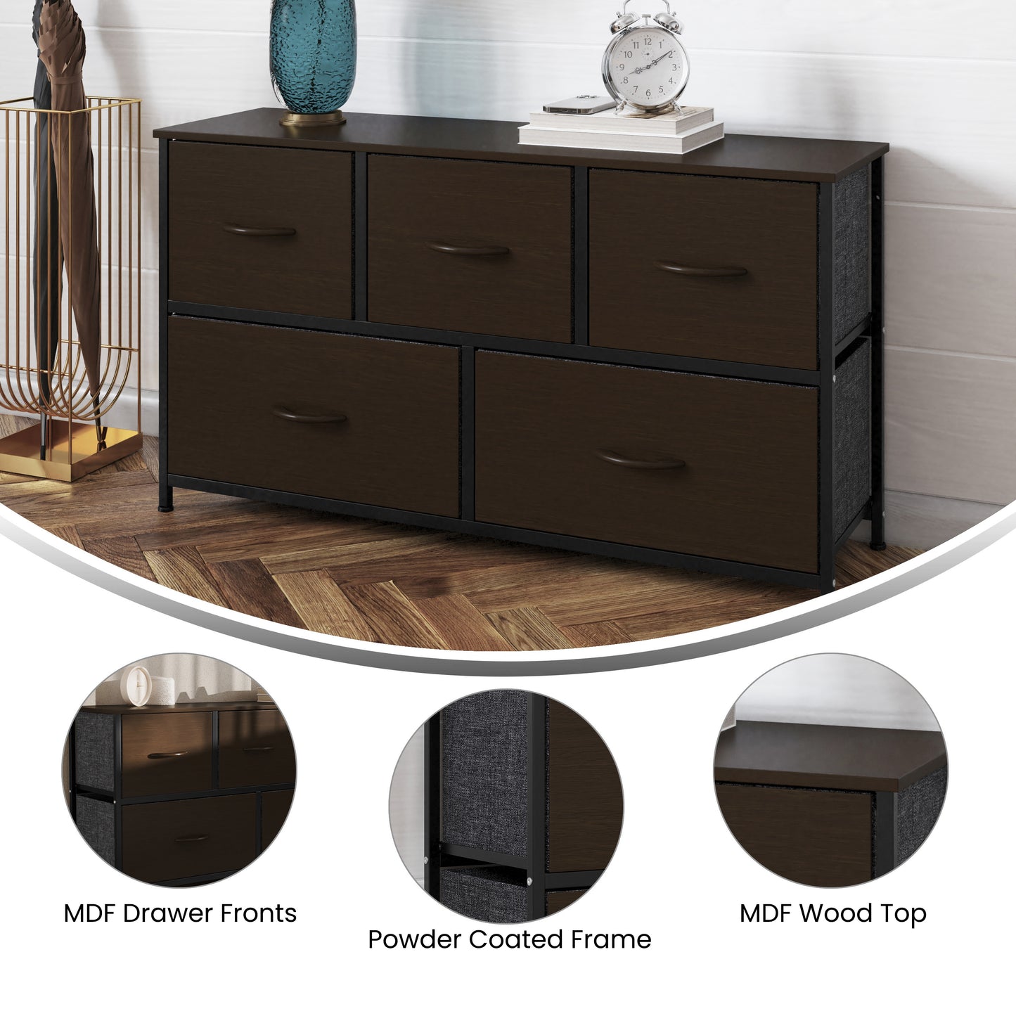 Harris 5 Drawer Storage Dresser with Black Cast Iron Frame, Brown Wood Top and Brown Easy Pull Engineered Wood Drawers with Wooden Handles Brown Drawers/Black Frame