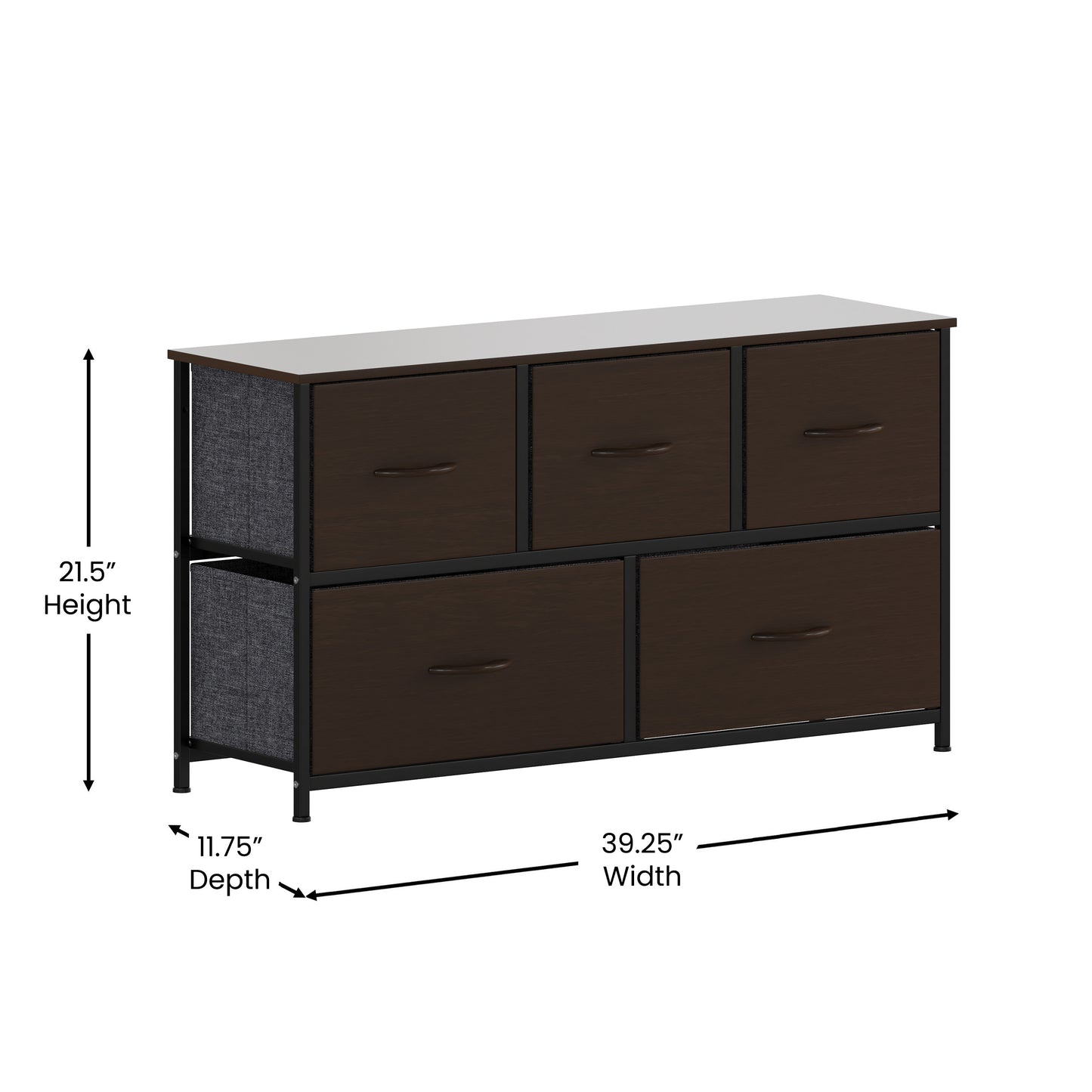Harris 5 Drawer Storage Dresser with Black Cast Iron Frame, Brown Wood Top and Brown Easy Pull Engineered Wood Drawers with Wooden Handles Brown Drawers/Black Frame