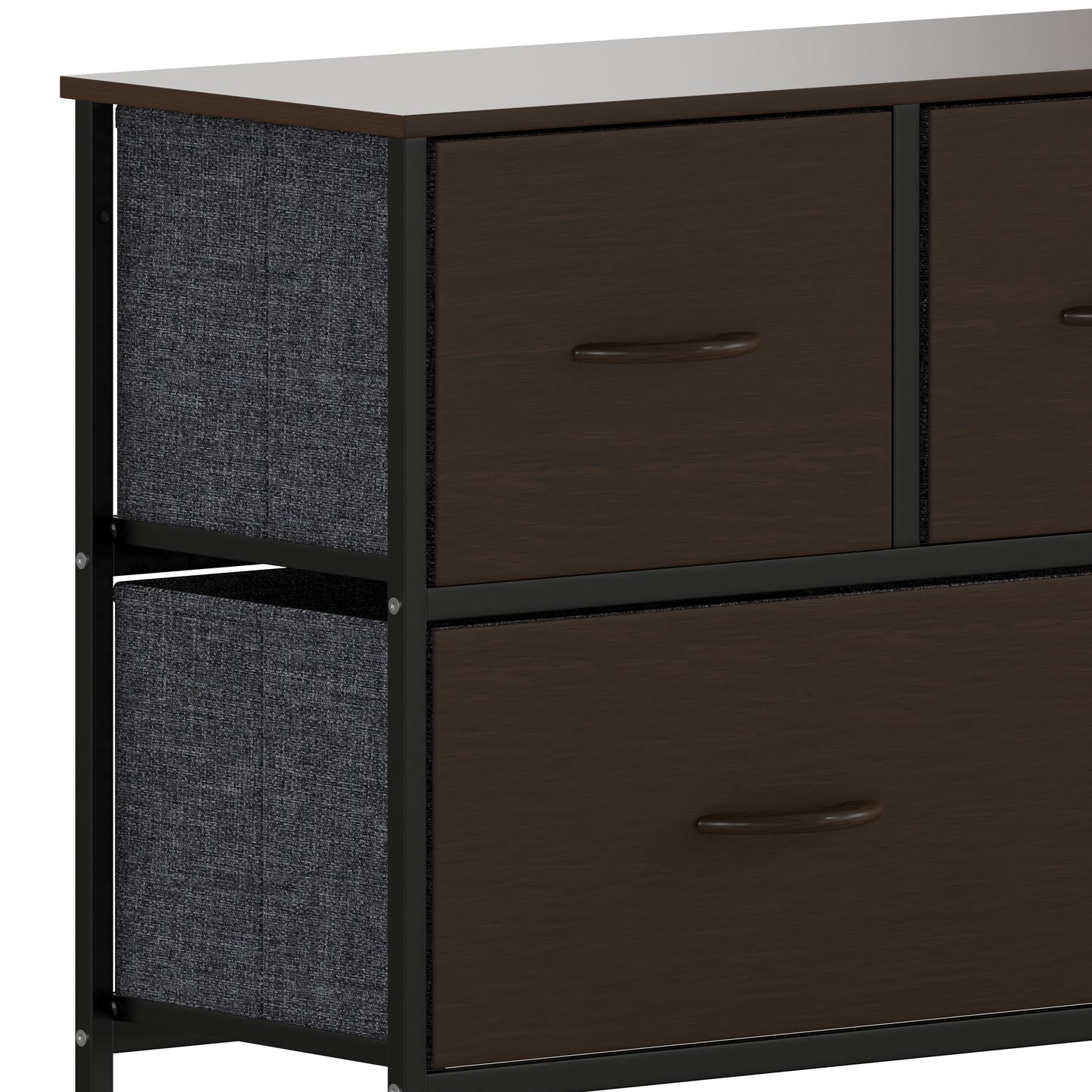 Harris 5 Drawer Storage Dresser with Black Cast Iron Frame, Brown Wood Top and Brown Easy Pull Engineered Wood Drawers with Wooden Handles Brown Drawers/Black Frame