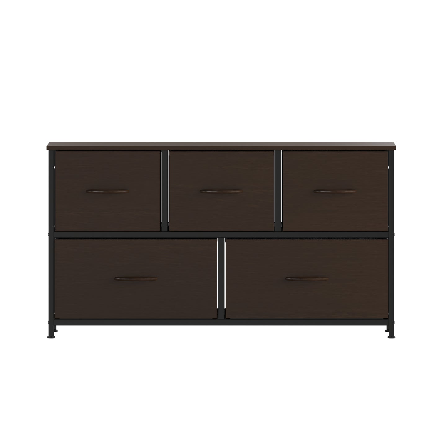 Harris 5 Drawer Storage Dresser with Black Cast Iron Frame, Brown Wood Top and Brown Easy Pull Engineered Wood Drawers with Wooden Handles Brown Drawers/Black Frame