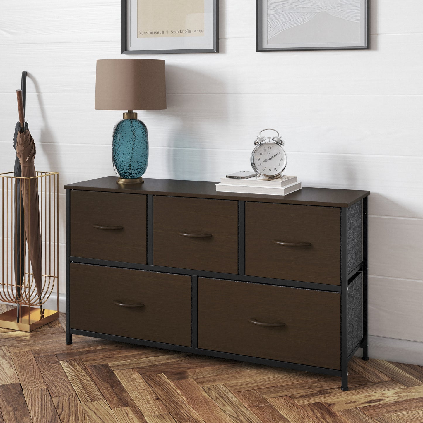 Harris 5 Drawer Storage Dresser with Black Cast Iron Frame, Brown Wood Top and Brown Easy Pull Engineered Wood Drawers with Wooden Handles Brown Drawers/Black Frame