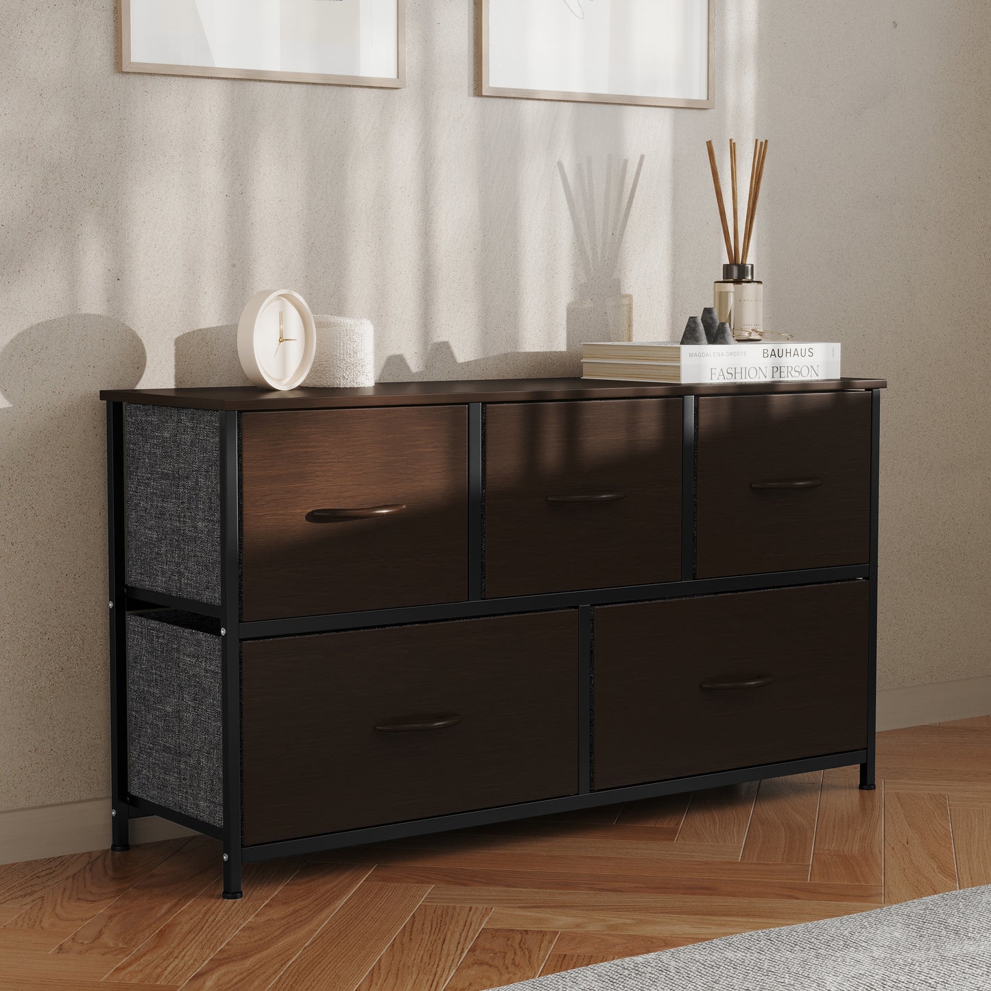 Harris 5 Drawer Storage Dresser with Black Cast Iron Frame, Brown Wood Top and Brown Easy Pull Engineered Wood Drawers with Wooden Handles Brown Drawers/Black Frame