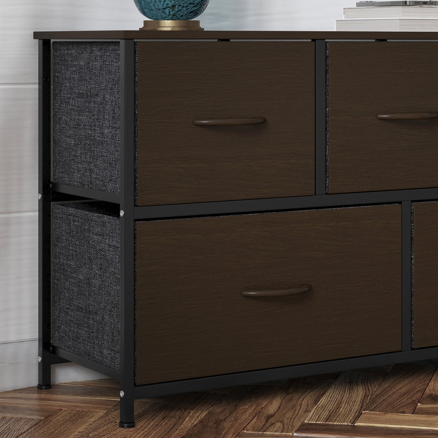 Harris 5 Drawer Storage Dresser with Black Cast Iron Frame, Brown Wood Top and Brown Easy Pull Engineered Wood Drawers with Wooden Handles Brown Drawers/Black Frame
