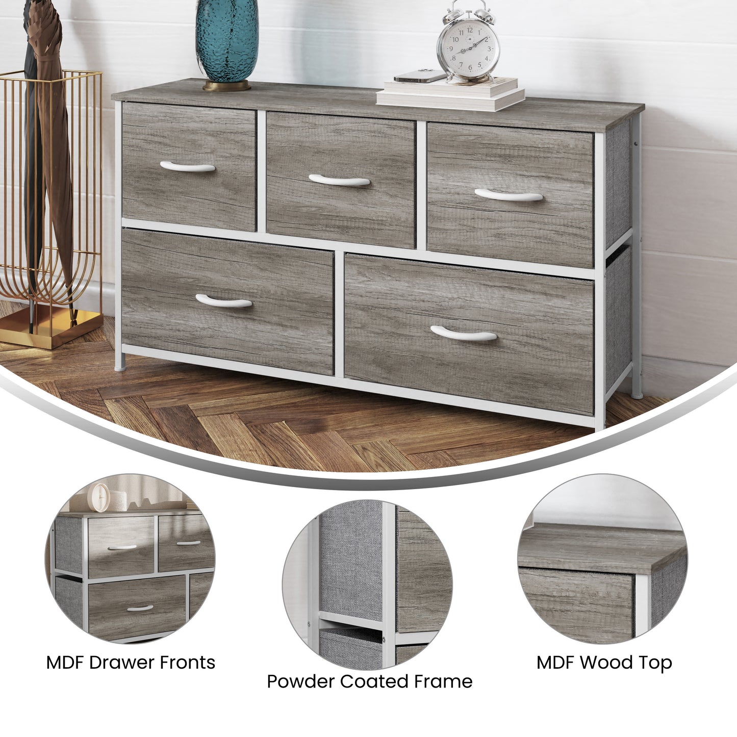 Harris 5 Drawer Storage Dresser with White Cast Iron Frame, Light Natural Wood Top and Easy Pull Engineered Wood Drawers, and White Wooden Handles Light Natural Drawers/White Frame