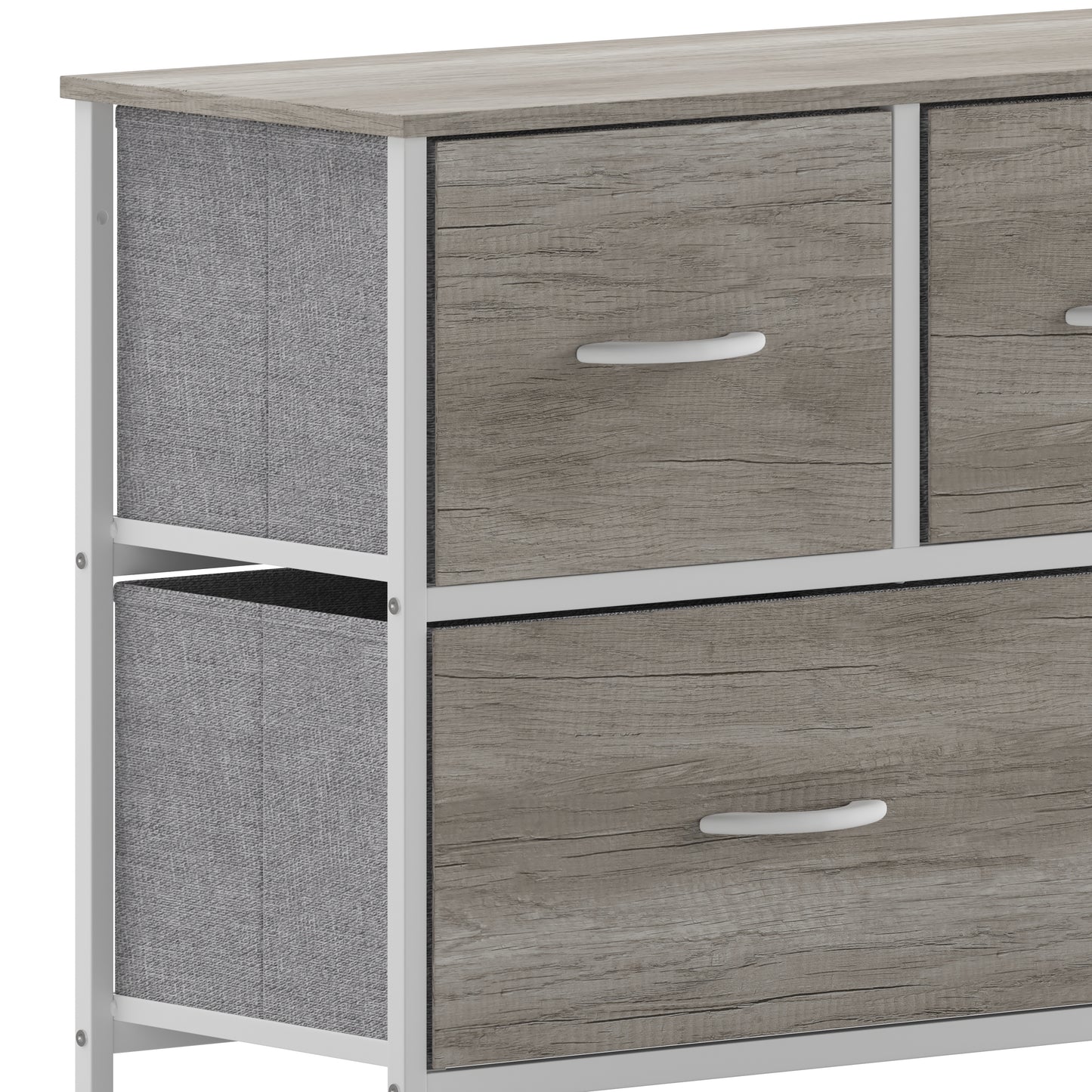 Harris 5 Drawer Storage Dresser with White Cast Iron Frame, Light Natural Wood Top and Easy Pull Engineered Wood Drawers, and White Wooden Handles Light Natural Drawers/White Frame