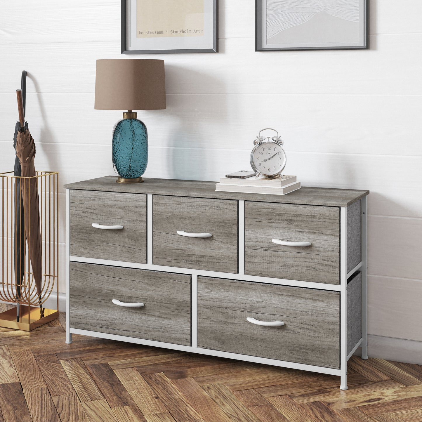 Harris 5 Drawer Storage Dresser with White Cast Iron Frame, Light Natural Wood Top and Easy Pull Engineered Wood Drawers, and White Wooden Handles Light Natural Drawers/White Frame
