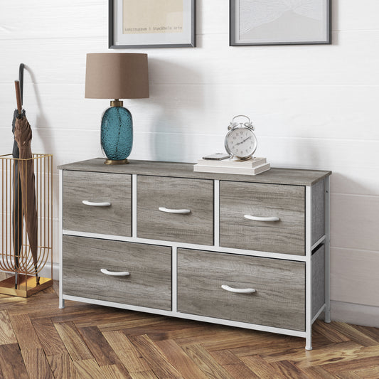 Harris 5 Drawer Storage Dresser with White Cast Iron Frame, Light Natural Wood Top and Easy Pull Engineered Wood Drawers, and White Wooden Handles Light Natural Drawers/White Frame