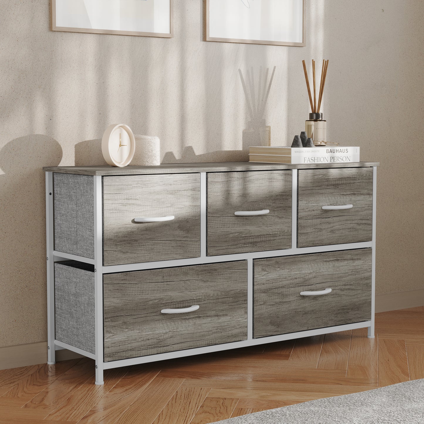 Harris 5 Drawer Storage Dresser with White Cast Iron Frame, Light Natural Wood Top and Easy Pull Engineered Wood Drawers, and White Wooden Handles Light Natural Drawers/White Frame