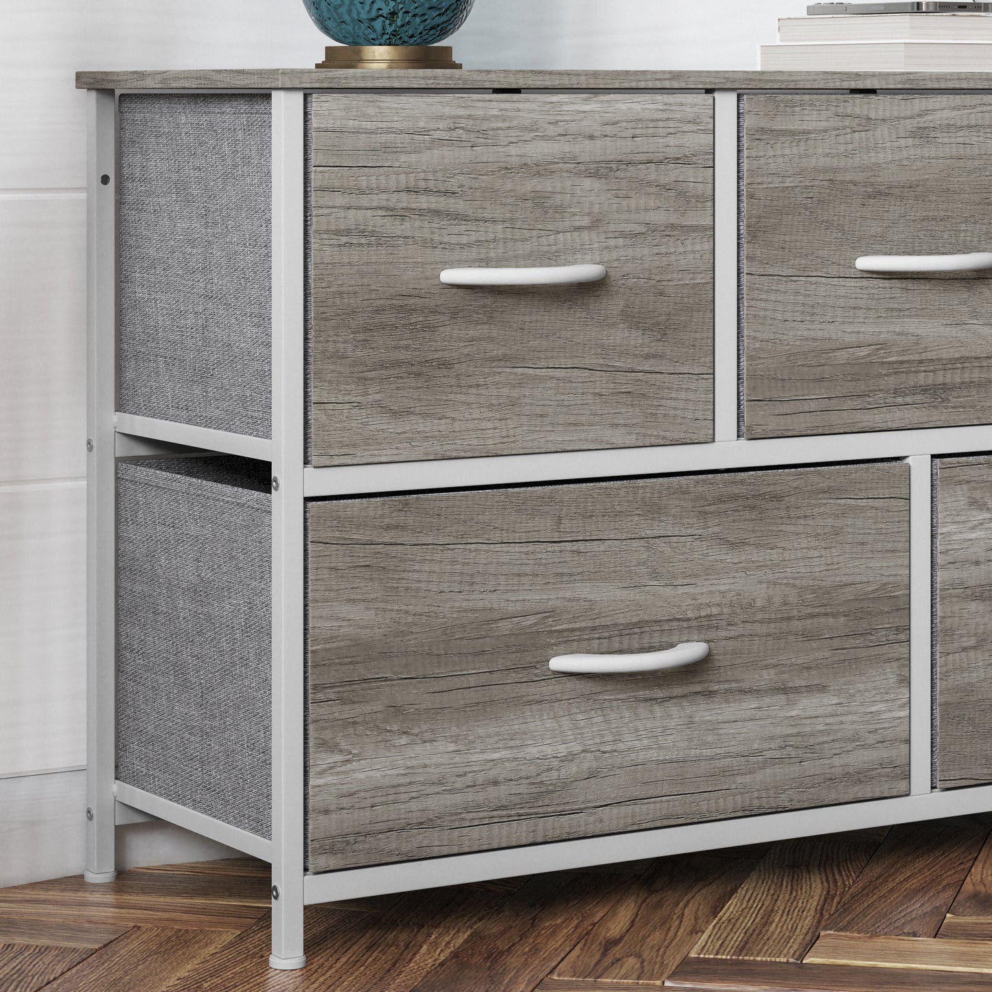 Harris 5 Drawer Storage Dresser with White Cast Iron Frame, Light Natural Wood Top and Easy Pull Engineered Wood Drawers, and White Wooden Handles Light Natural Drawers/White Frame