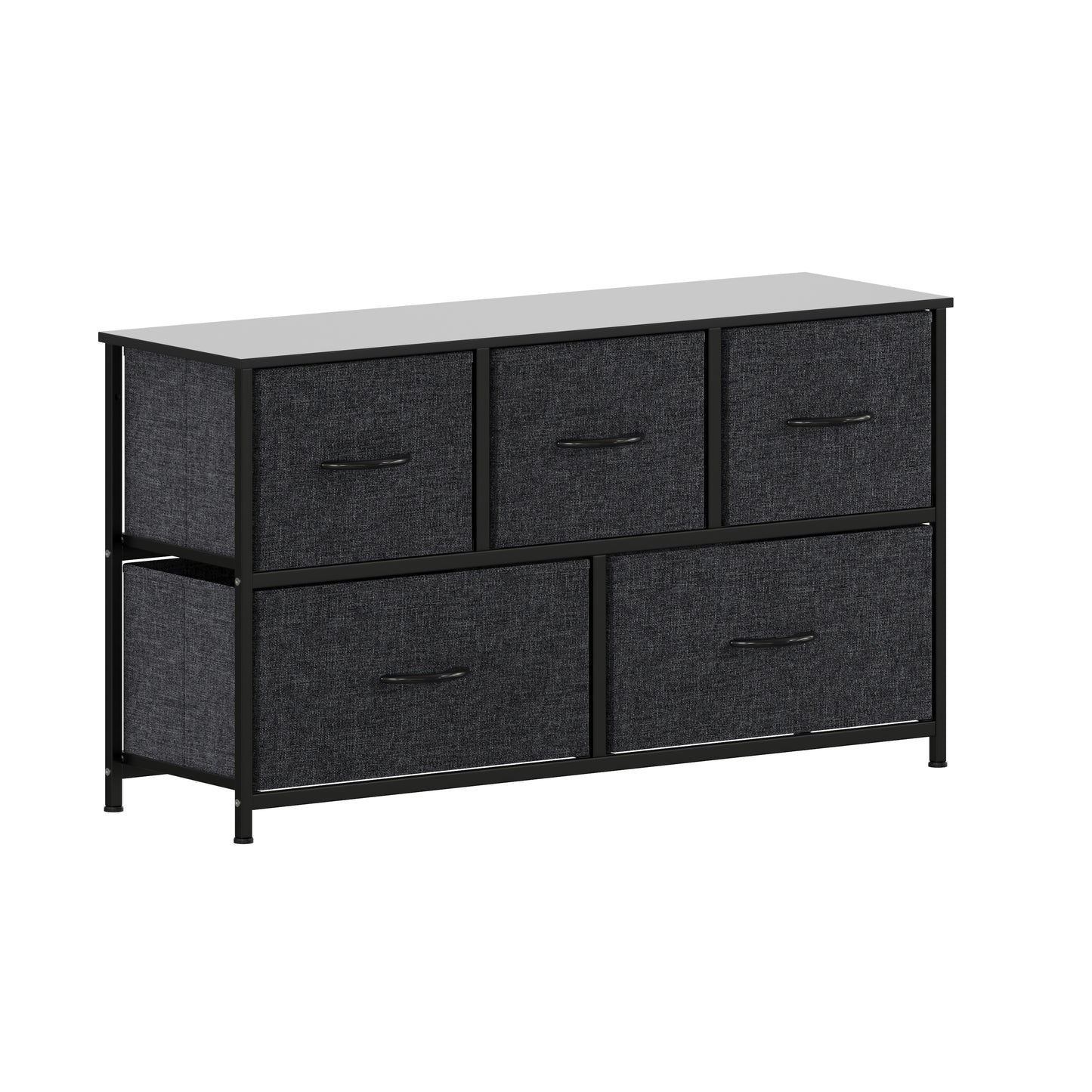 Harris 5 Drawer Vertical Storage Dresser with Black Cast Iron Frame and Wood Top and Black Easy Pull Fabric Drawers with Wooden Handles Black Drawers/Black Frame