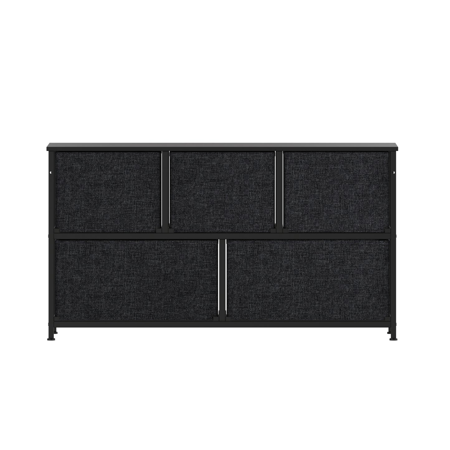 Harris 5 Drawer Vertical Storage Dresser with Black Cast Iron Frame and Wood Top and Black Easy Pull Fabric Drawers with Wooden Handles Black Drawers/Black Frame