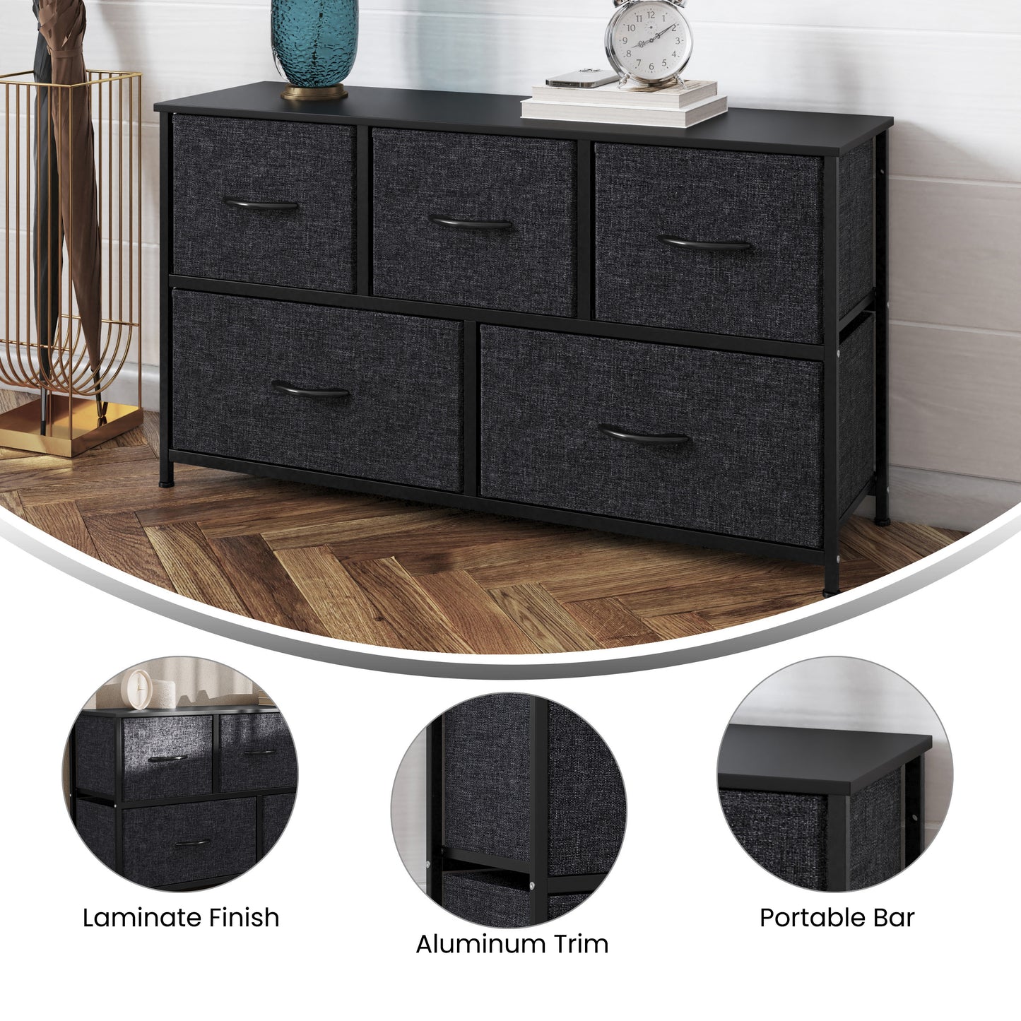 Harris 5 Drawer Vertical Storage Dresser with Black Cast Iron Frame and Wood Top and Black Easy Pull Fabric Drawers with Wooden Handles Black Drawers/Black Frame