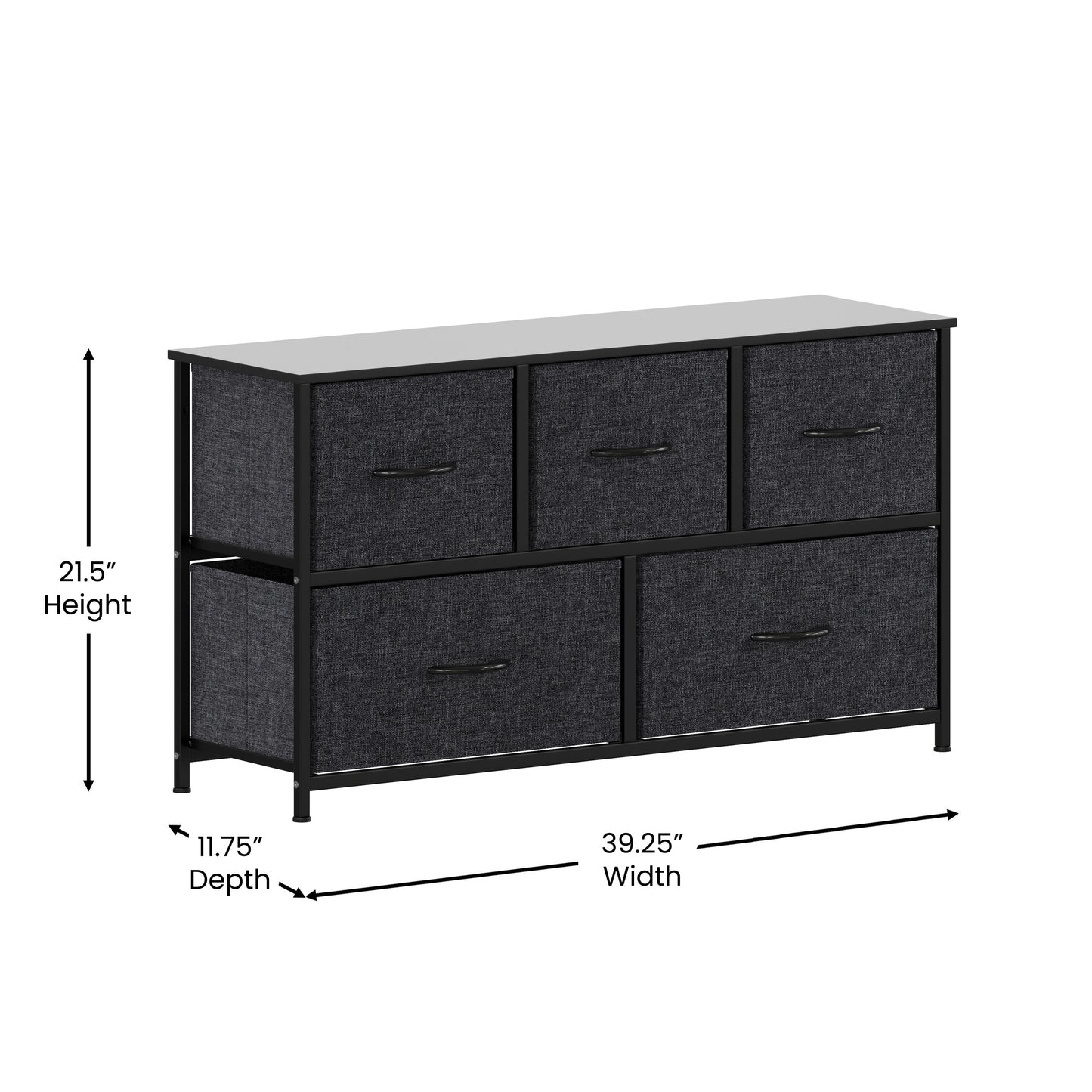 Harris 5 Drawer Vertical Storage Dresser with Black Cast Iron Frame and Wood Top and Black Easy Pull Fabric Drawers with Wooden Handles Black Drawers/Black Frame