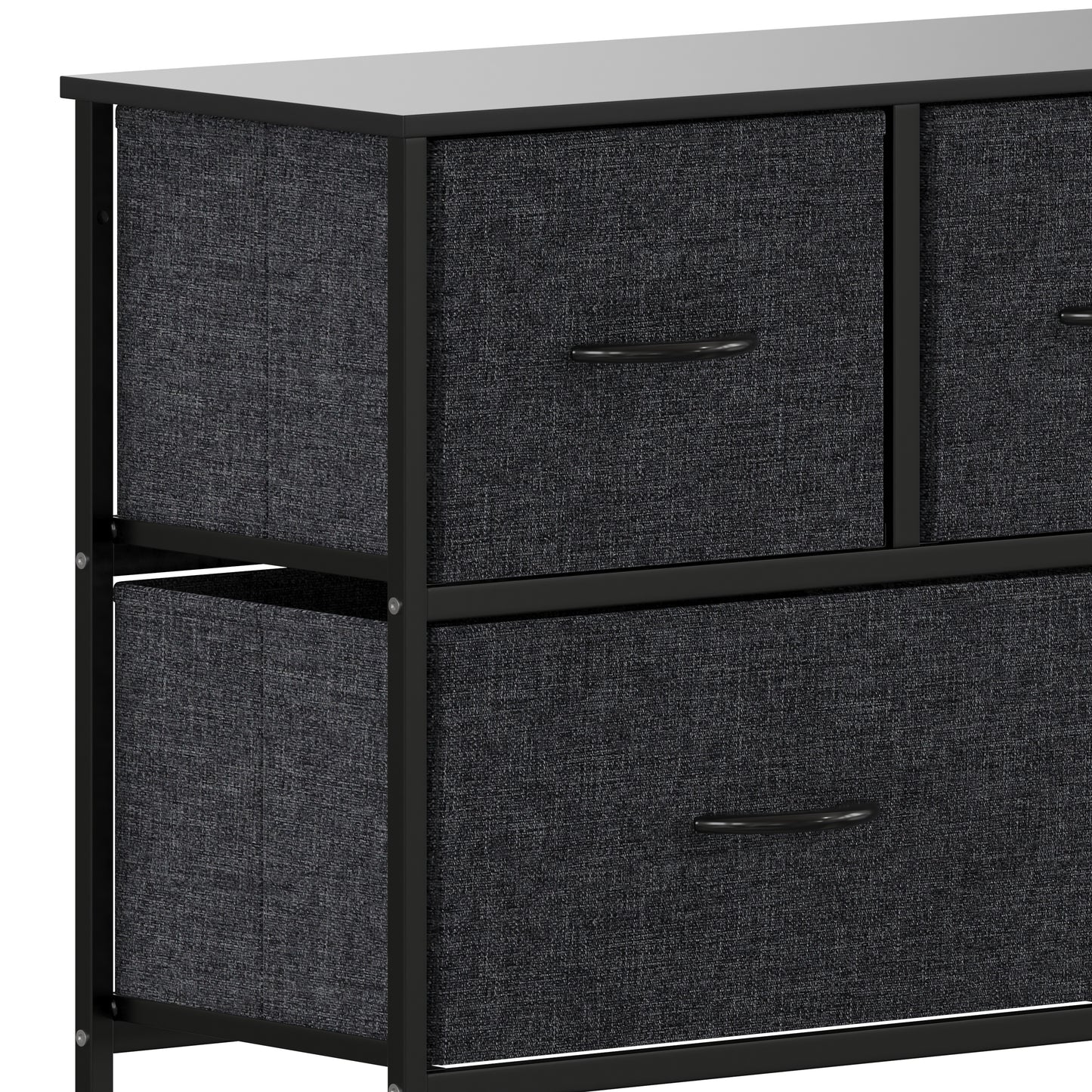 Harris 5 Drawer Vertical Storage Dresser with Black Cast Iron Frame and Wood Top and Black Easy Pull Fabric Drawers with Wooden Handles Black Drawers/Black Frame