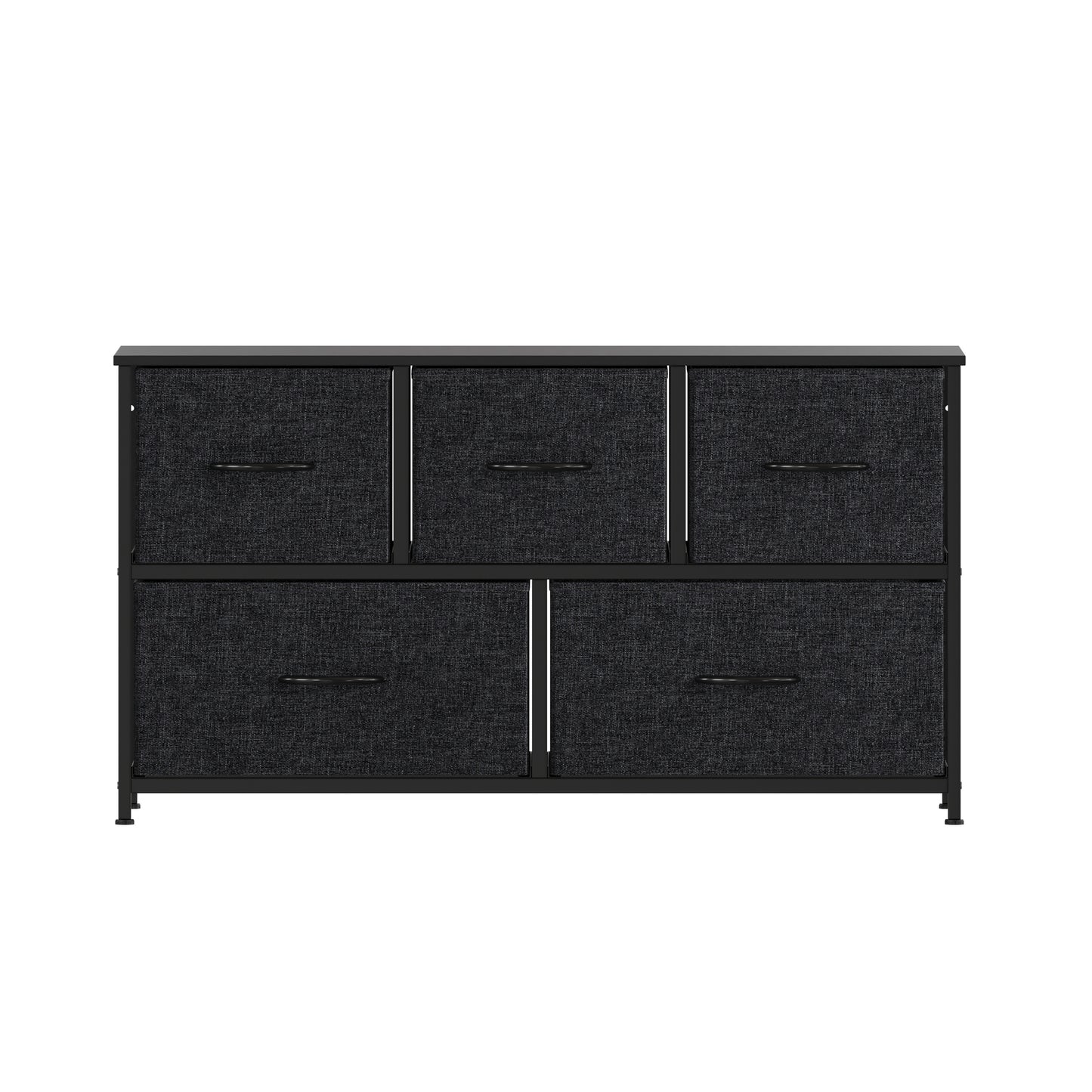 Harris 5 Drawer Vertical Storage Dresser with Black Cast Iron Frame and Wood Top and Black Easy Pull Fabric Drawers with Wooden Handles Black Drawers/Black Frame