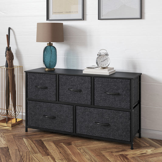 Harris 5 Drawer Vertical Storage Dresser with Black Cast Iron Frame and Wood Top and Black Easy Pull Fabric Drawers with Wooden Handles Black Drawers/Black Frame