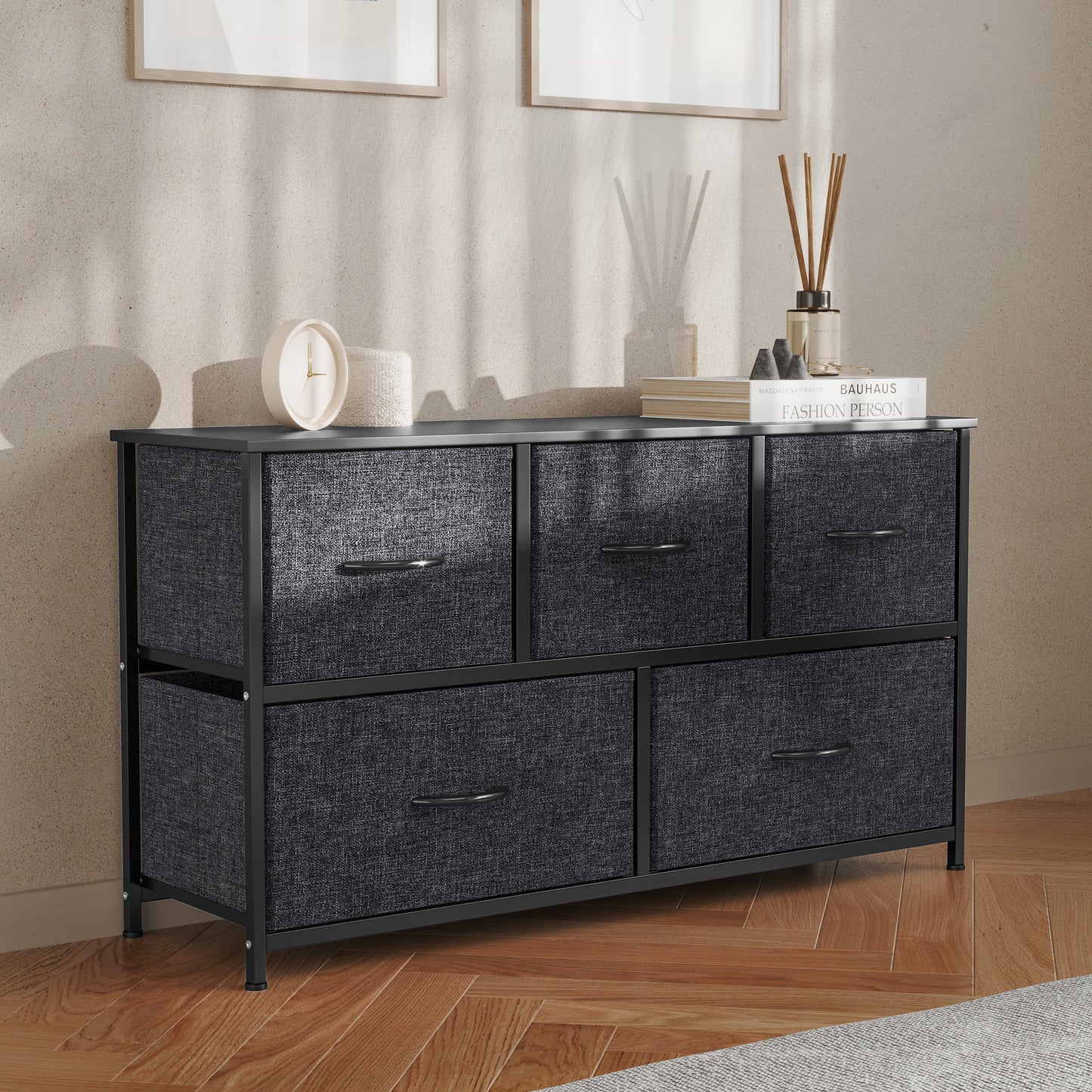 Harris 5 Drawer Vertical Storage Dresser with Black Cast Iron Frame and Wood Top and Black Easy Pull Fabric Drawers with Wooden Handles Black Drawers/Black Frame