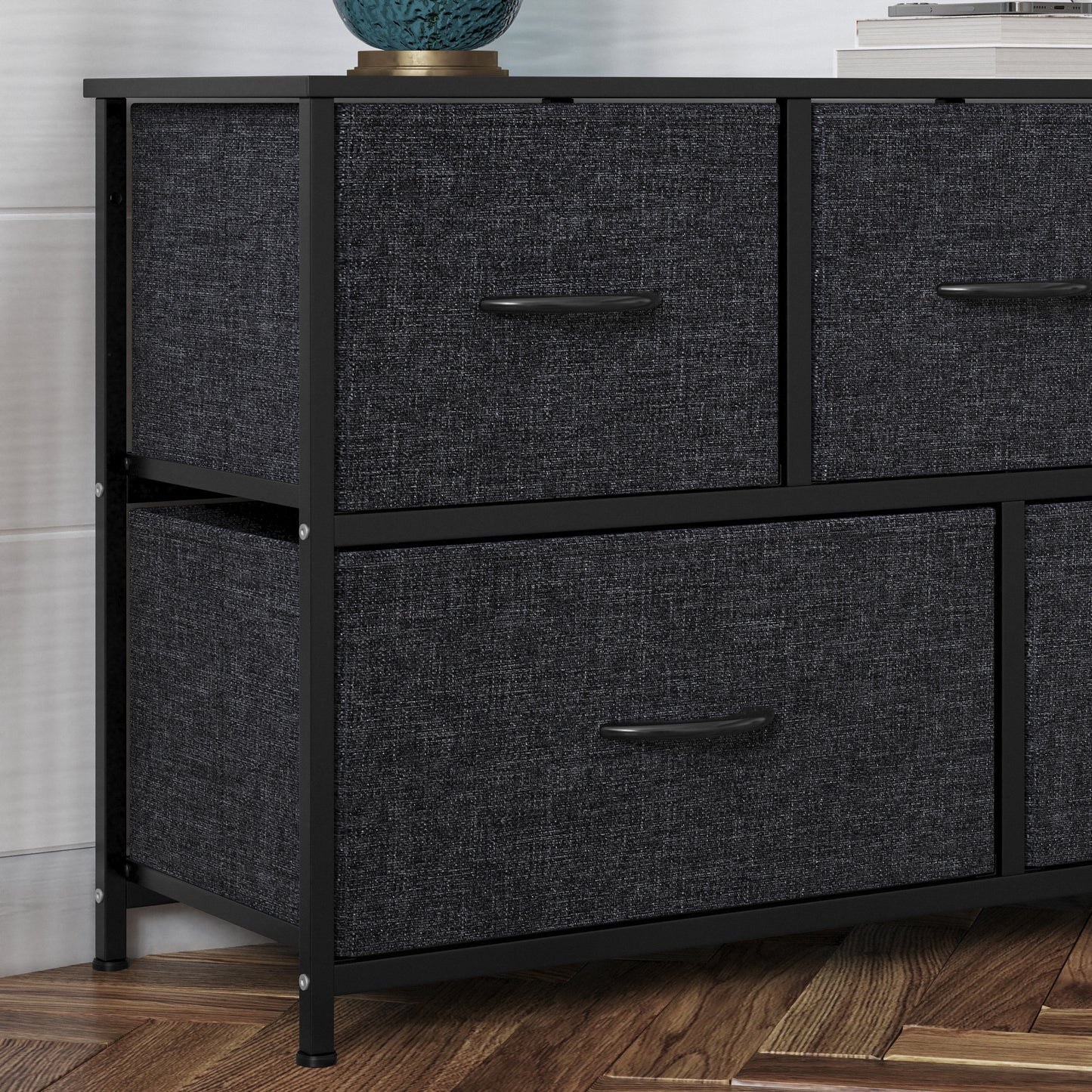 Harris 5 Drawer Vertical Storage Dresser with Black Cast Iron Frame and Wood Top and Black Easy Pull Fabric Drawers with Wooden Handles Black Drawers/Black Frame