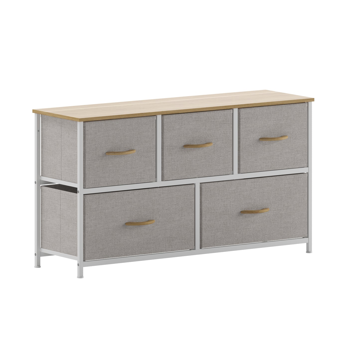 Harris 5 Drawer Vertical Storage Dresser with White Cast Iron Frame, Oak Wood Top and Beige Easy Pull Fabric Drawers with Natural Wooden Handles Beige Drawers/White Frame